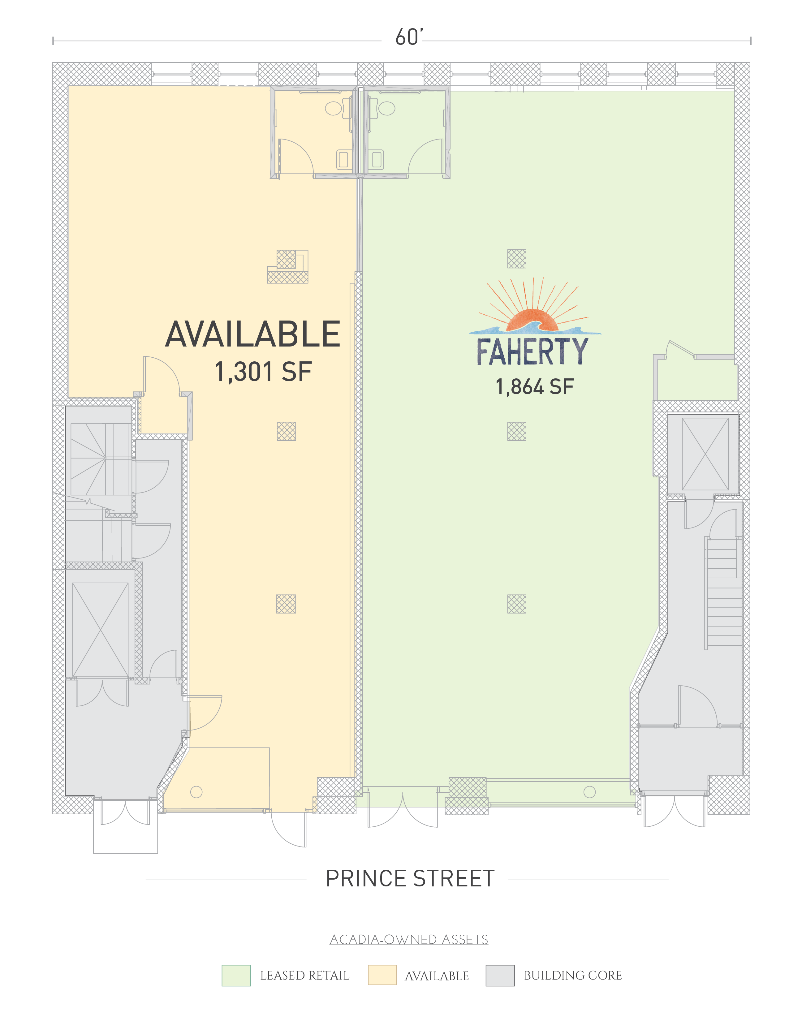 Floor plan showing 1,300 sq ft of available space and 1,844 sq ft occupied by Faherty.