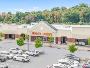 Hobby Lobby store exterior with parking lot.
