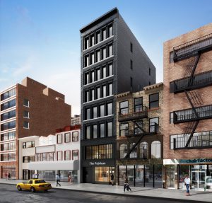Rendering of a new dark-grey building among other buildings on a city street.