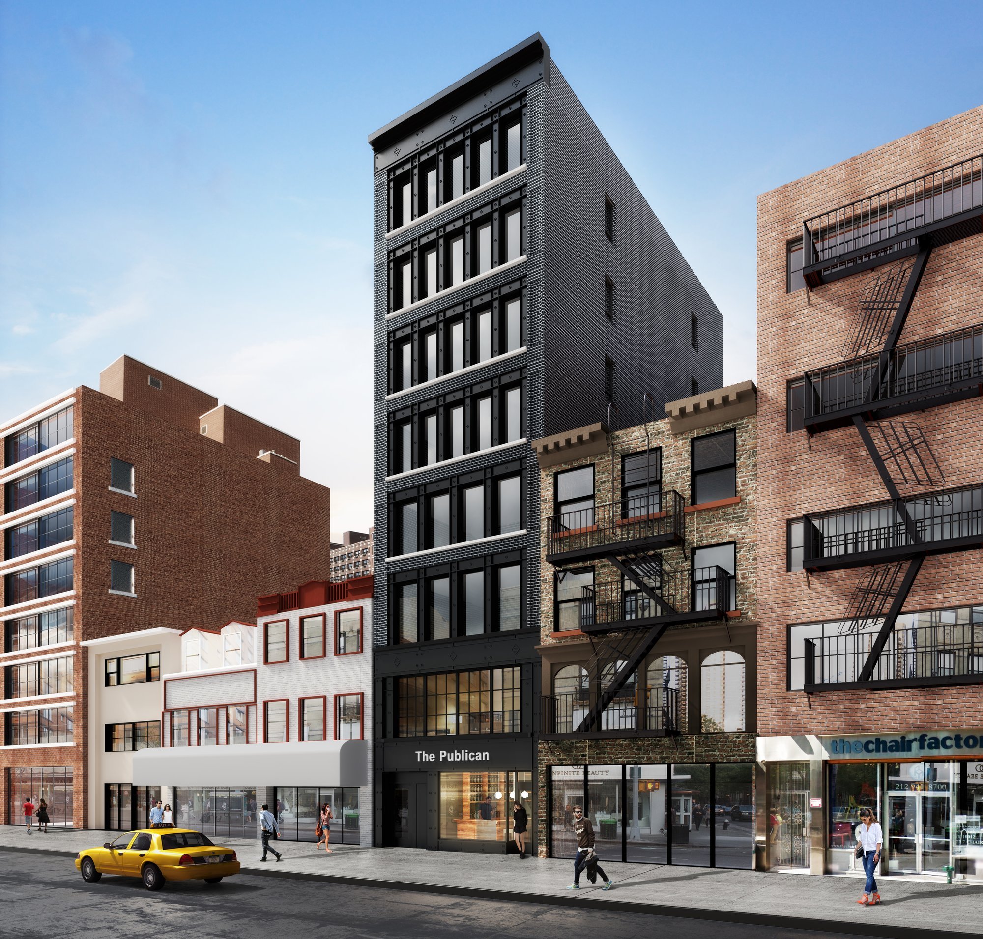 Rendering of a new dark-grey building among other buildings on a city street.