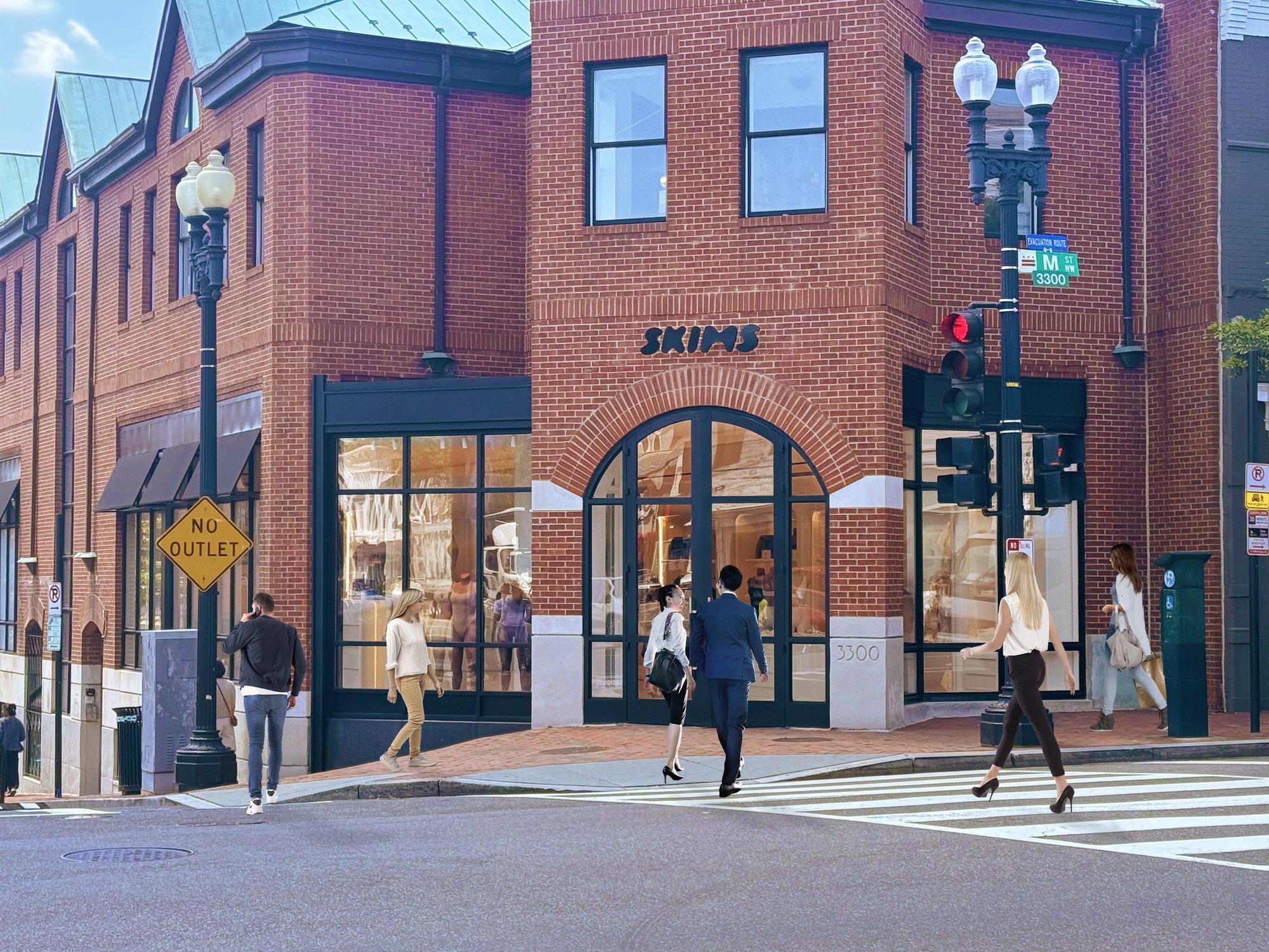Exterior view of a brick J.Crew store with people walking by.