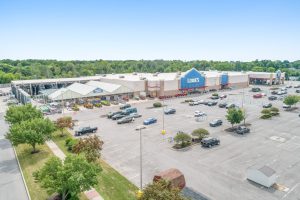 Aerial view of a Lowe's home improvement store and parking lot.