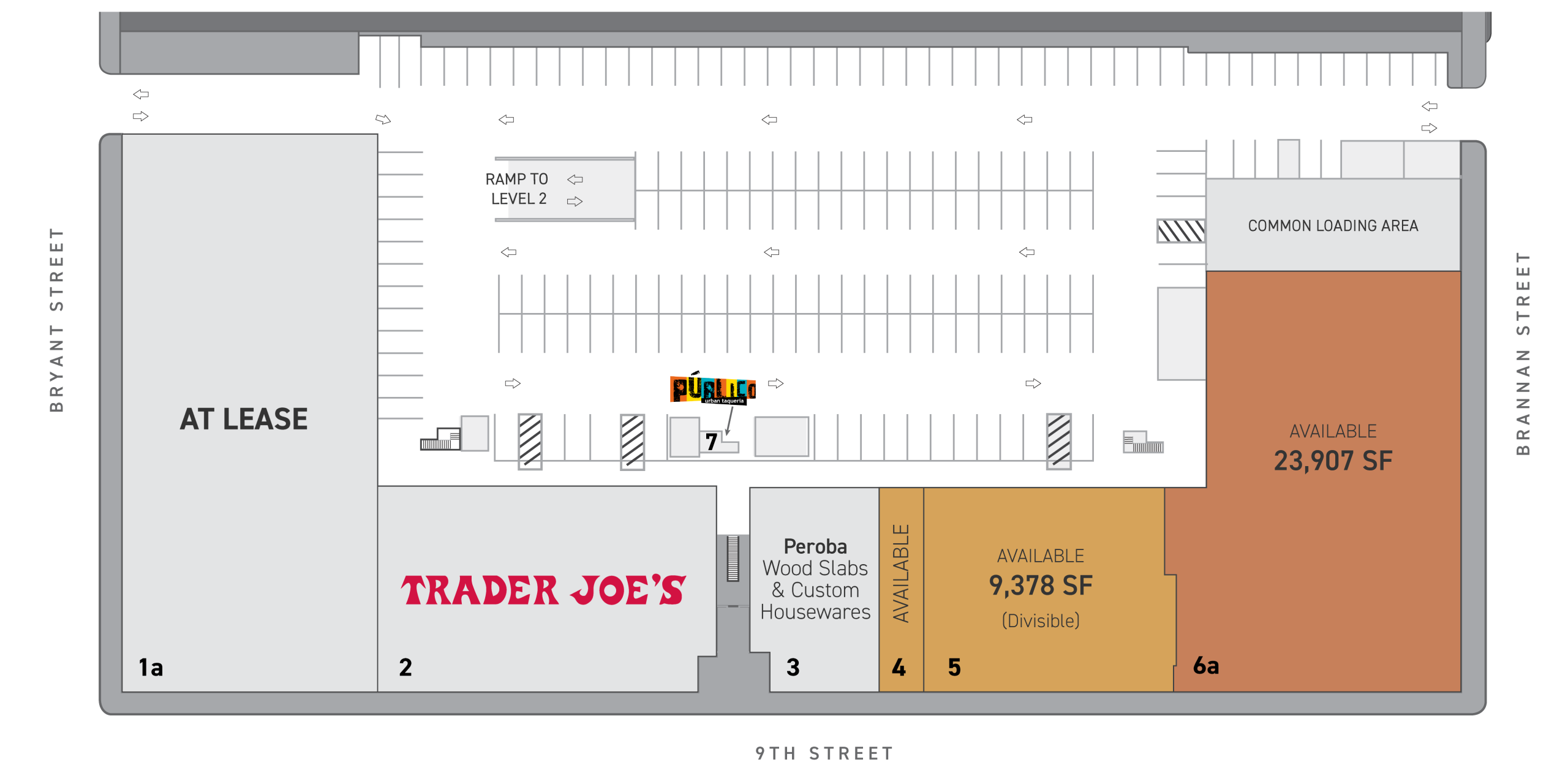 Shopping center site plan showing Trader Joe's and available retail space.