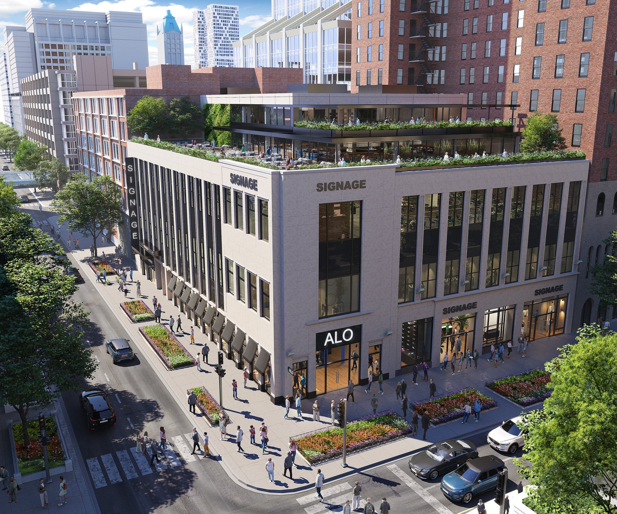 Rendering of a modern building with rooftop terrace and street-level retail spaces.