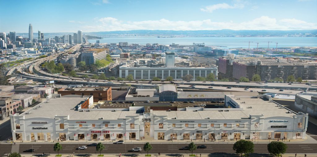 Aerial view of a city harbor and industrial area.