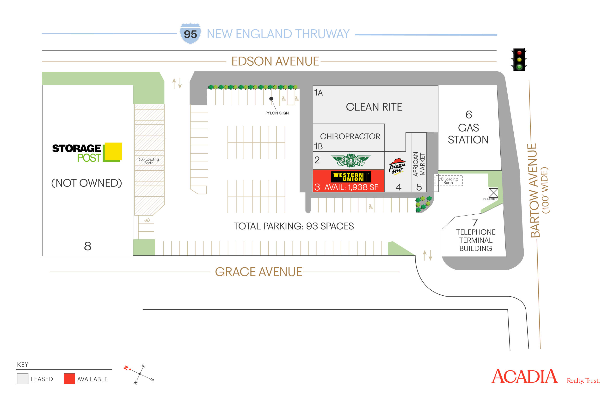 Site map of New England Thruway Edgdon Avenue shops and parking.