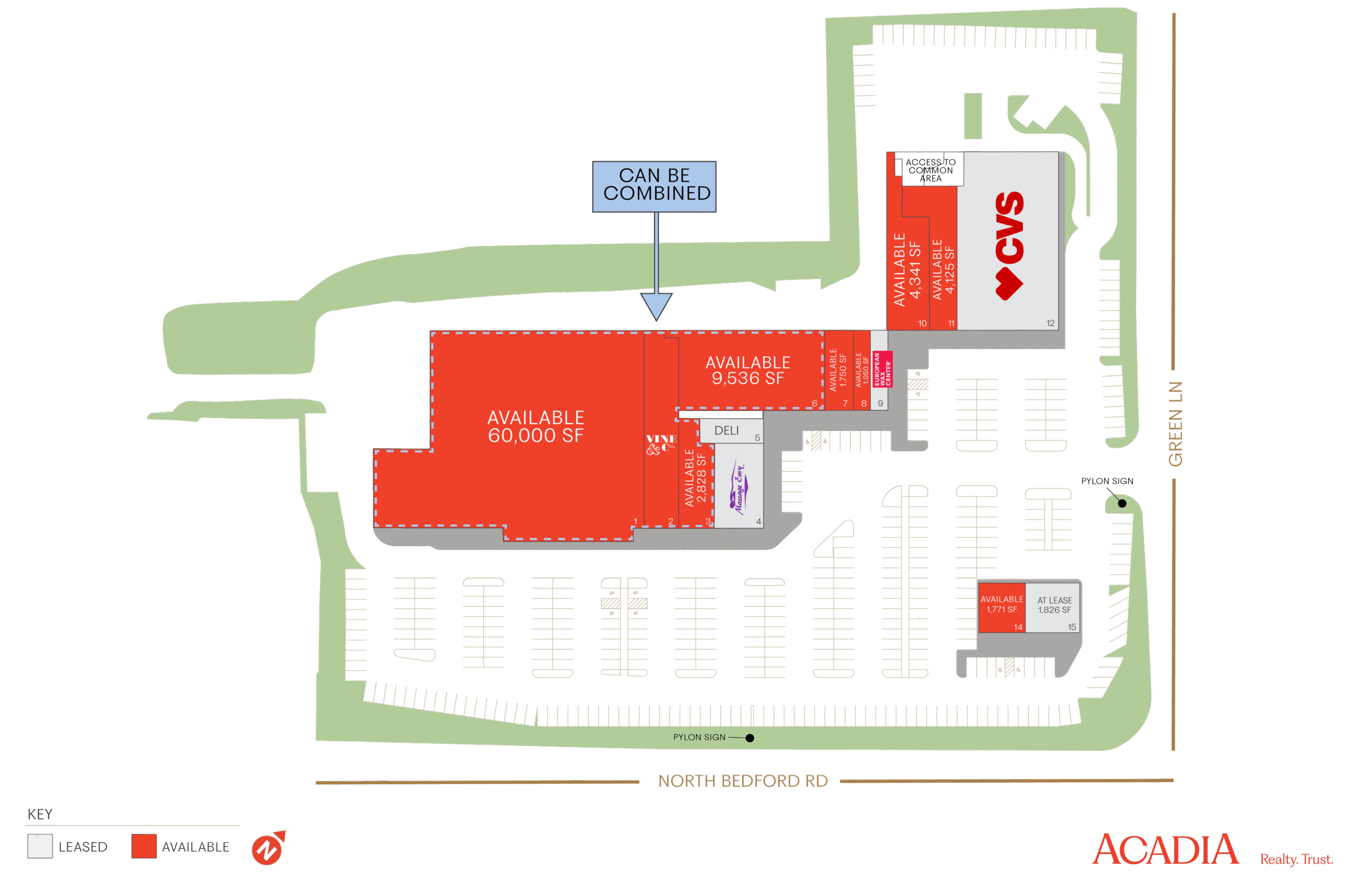 Site plan showing available retail space and surrounding businesses.