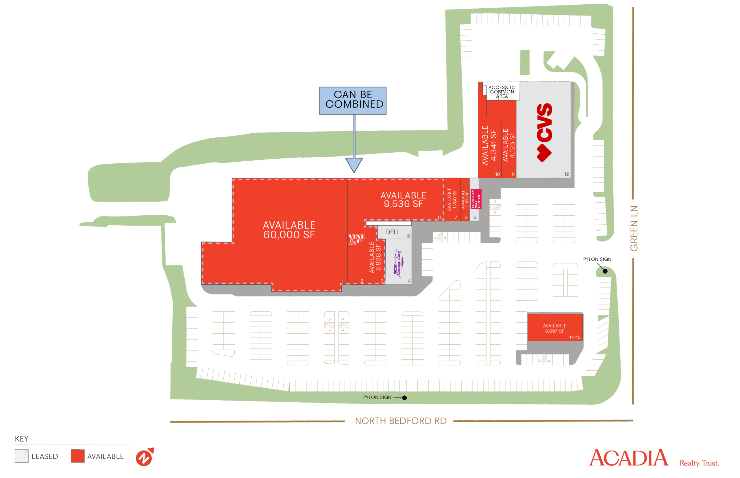 Site plan showing available retail space and surrounding businesses.