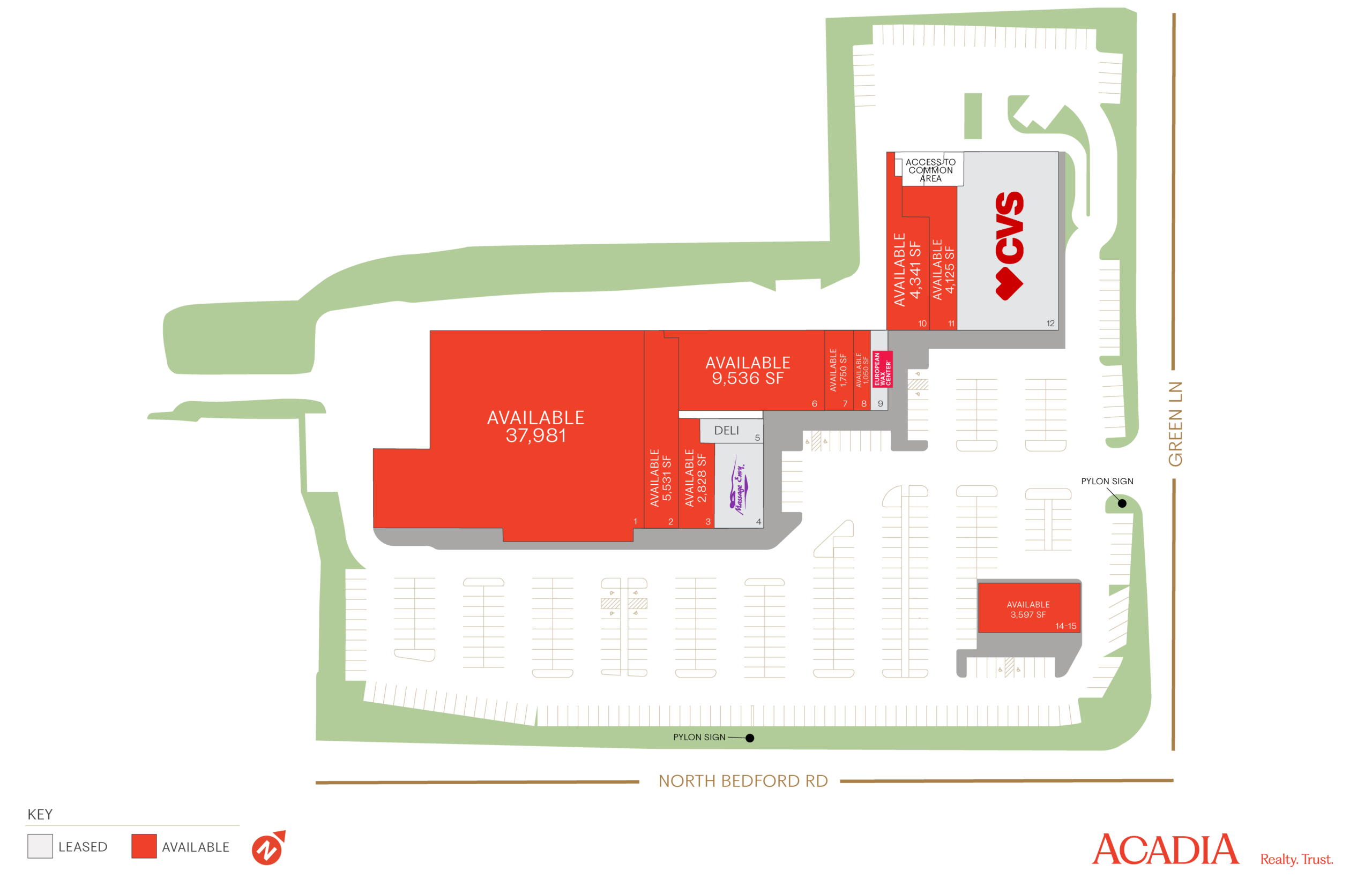 Site plan showing available retail space and surrounding businesses.