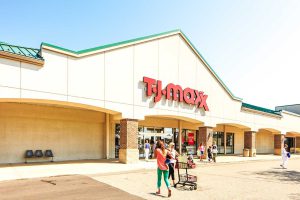 T.J. Maxx store exterior with shoppers.