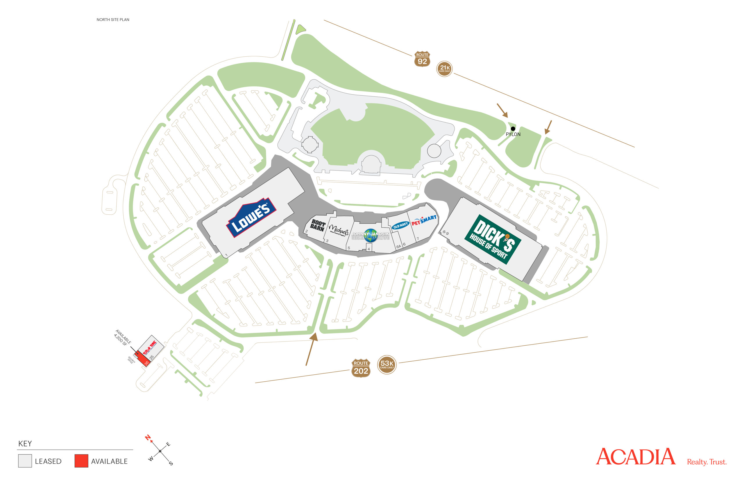 Site map of shopping center with parking and pool.