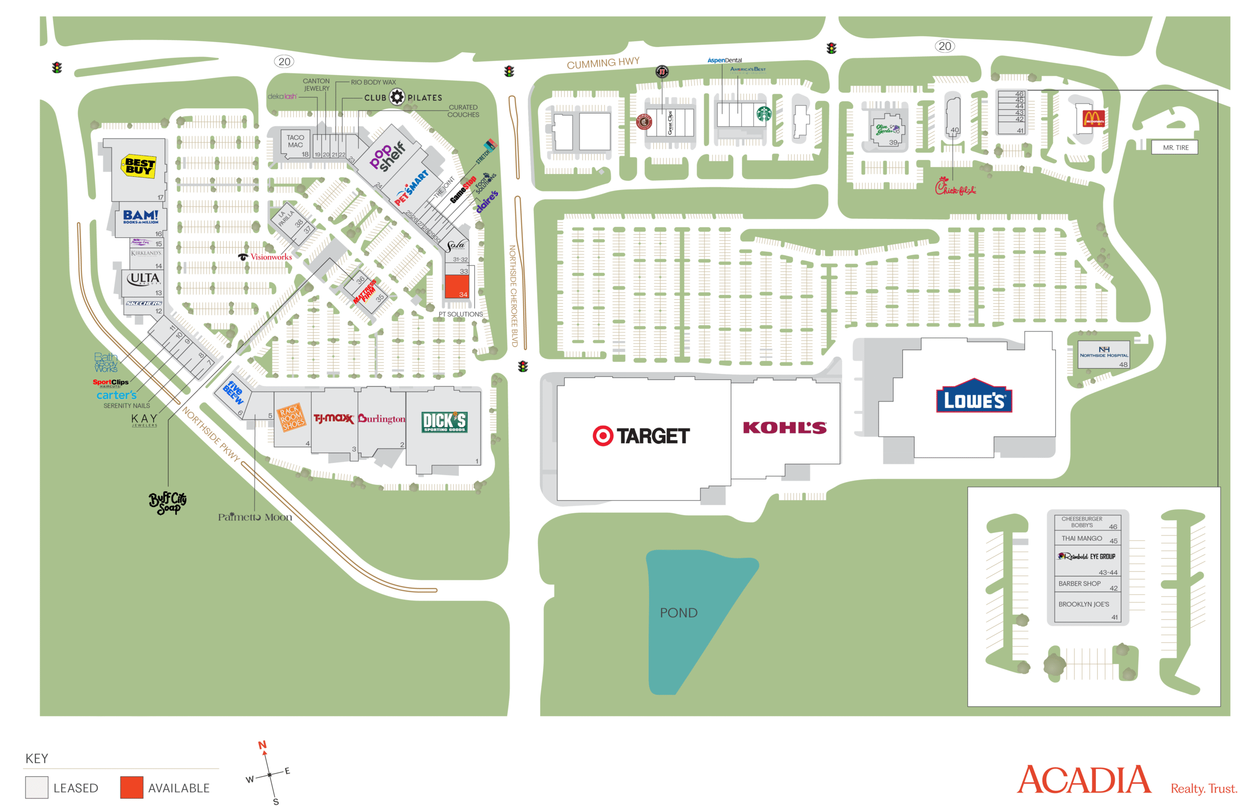 Map of shopping center with parking and store locations.