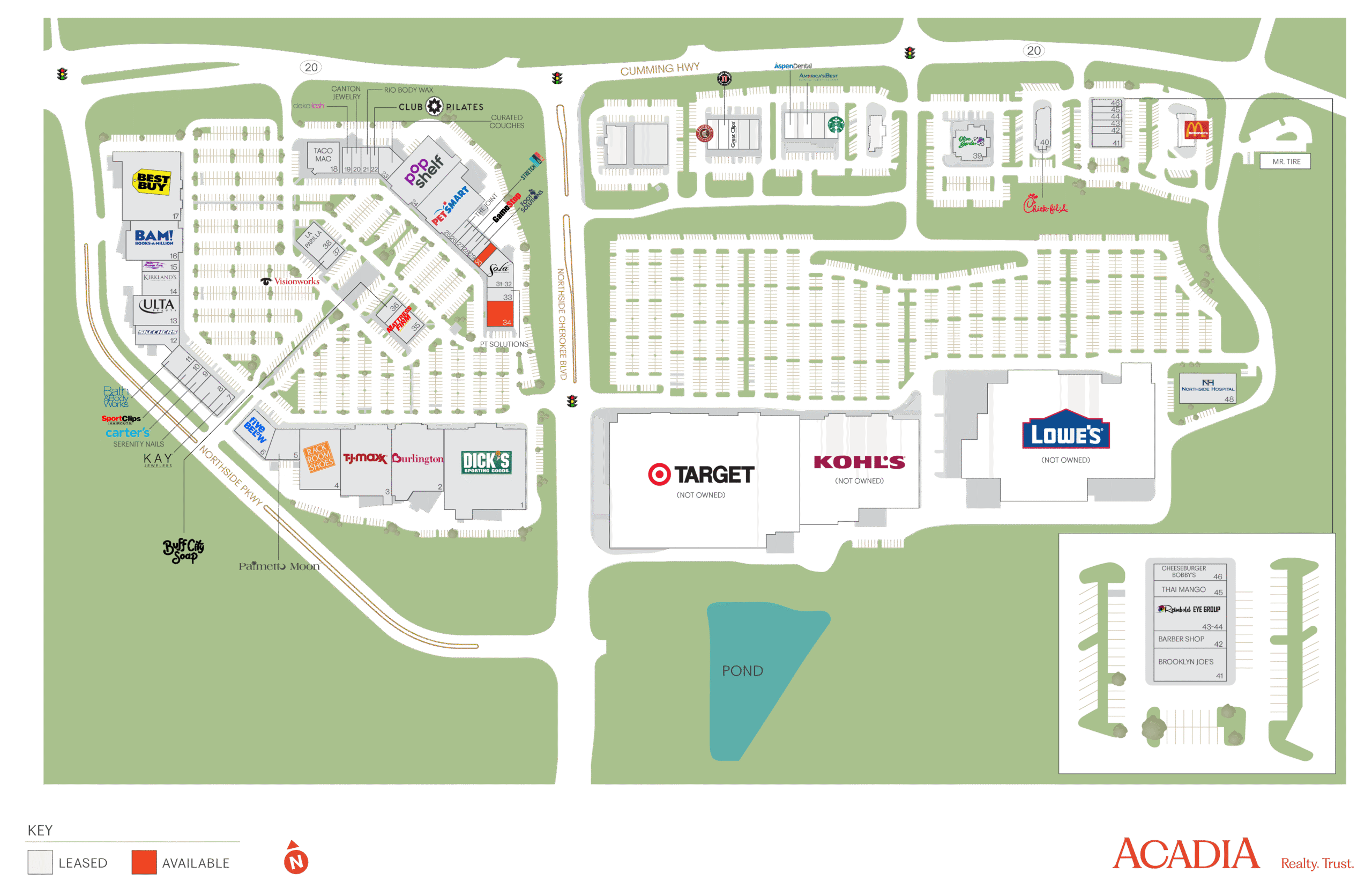 Map of shopping center with parking and store locations.