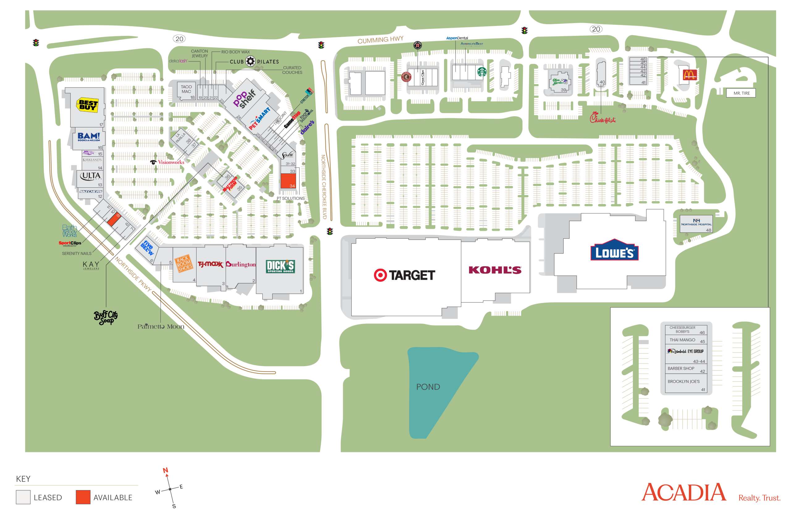 Map of shopping center with parking and store locations.