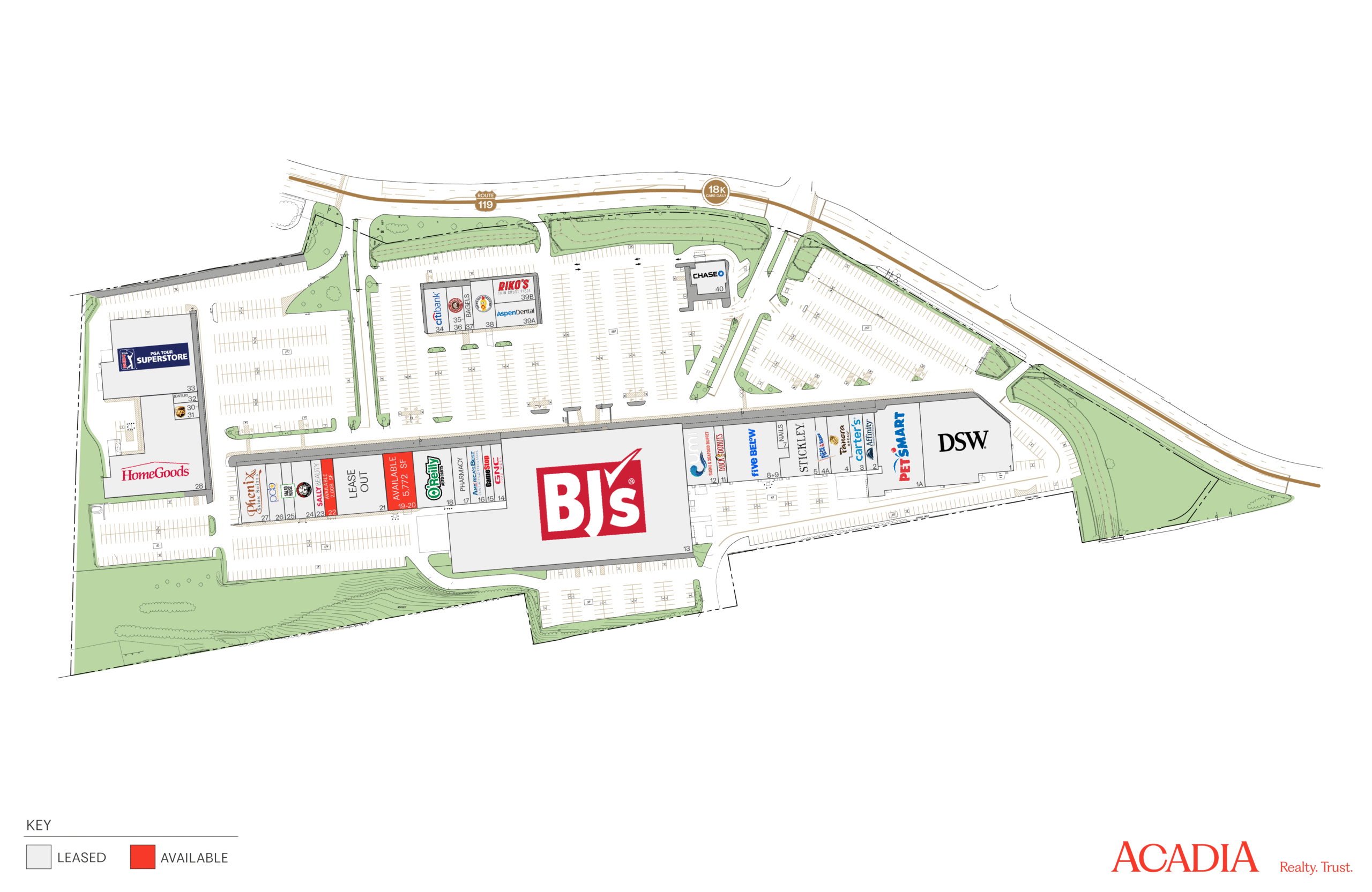 Site map of a shopping center featuring a large BJs Wholesale Club.