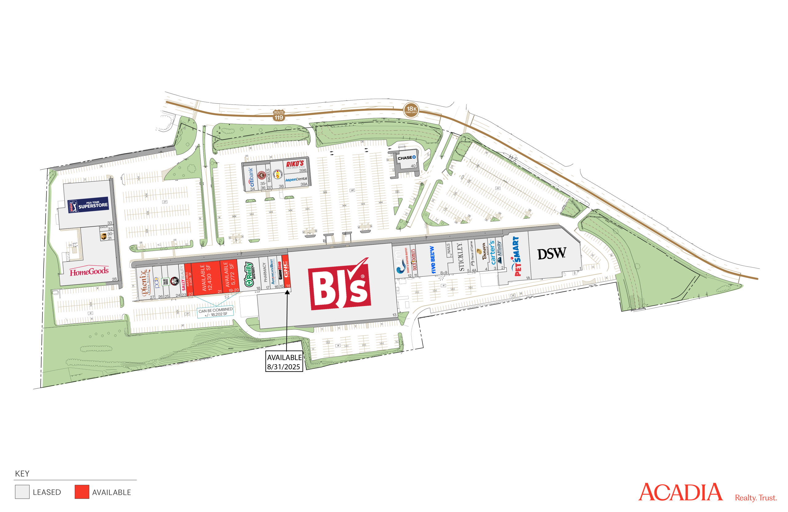 Site map of a shopping center featuring a large BJs Wholesale Club.