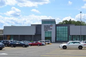 Northfield Hospital + Clinics building and parking lot.