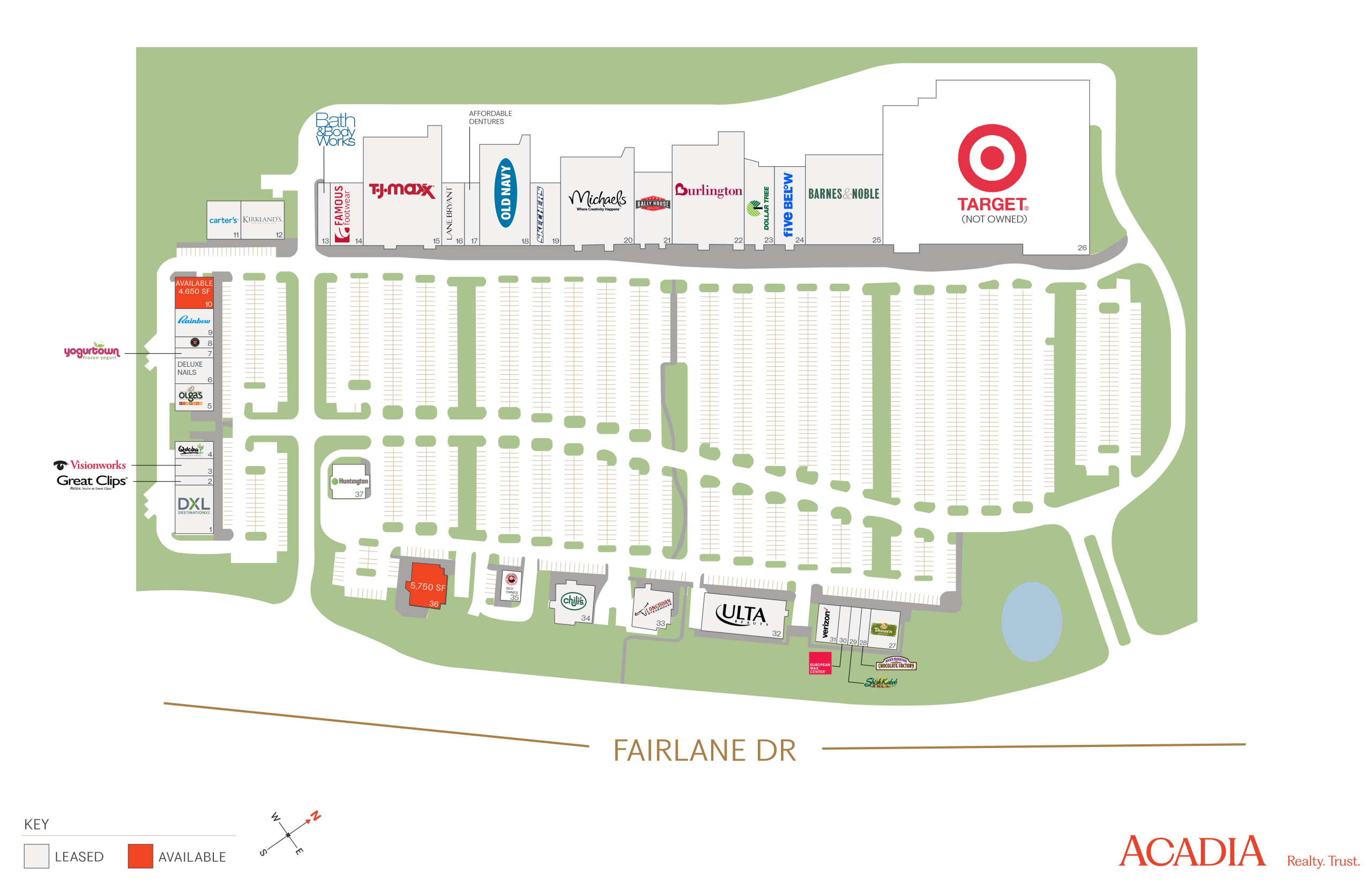 Shopping center map showing store locations and parking.