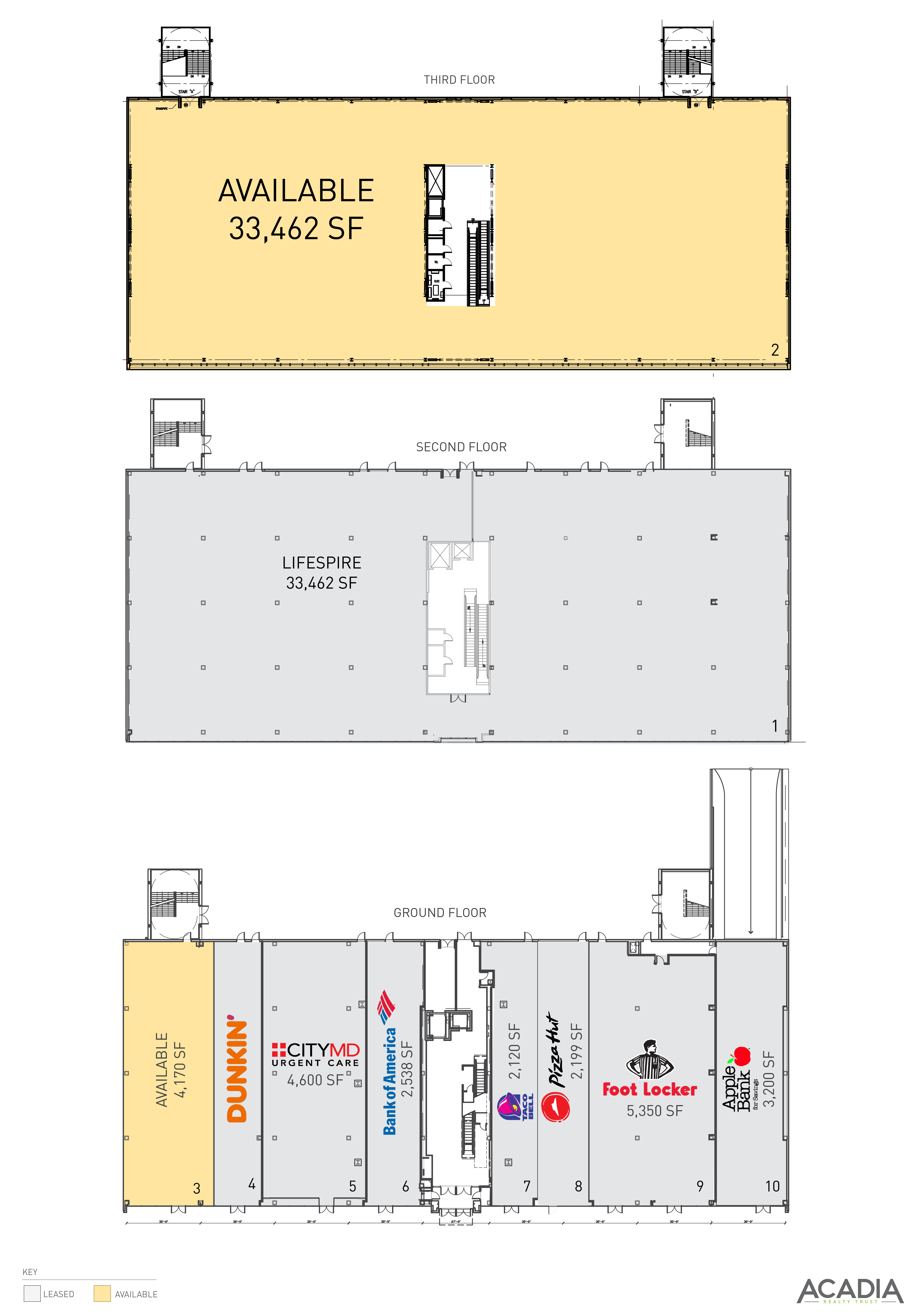 Floor plan showing three levels of a building's layout.