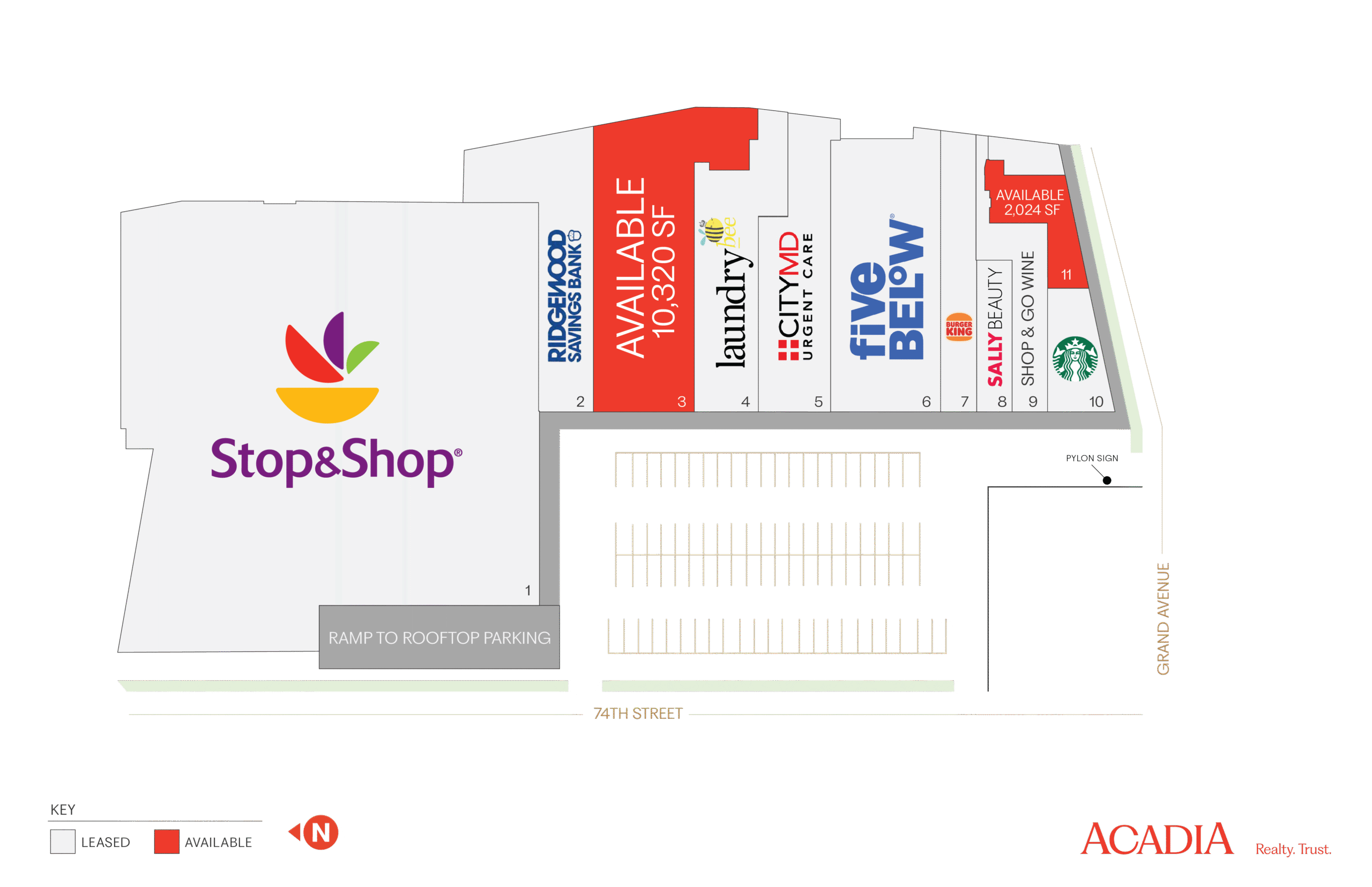 Shopping center map showing Stop & Shop, Five Below, and other stores.