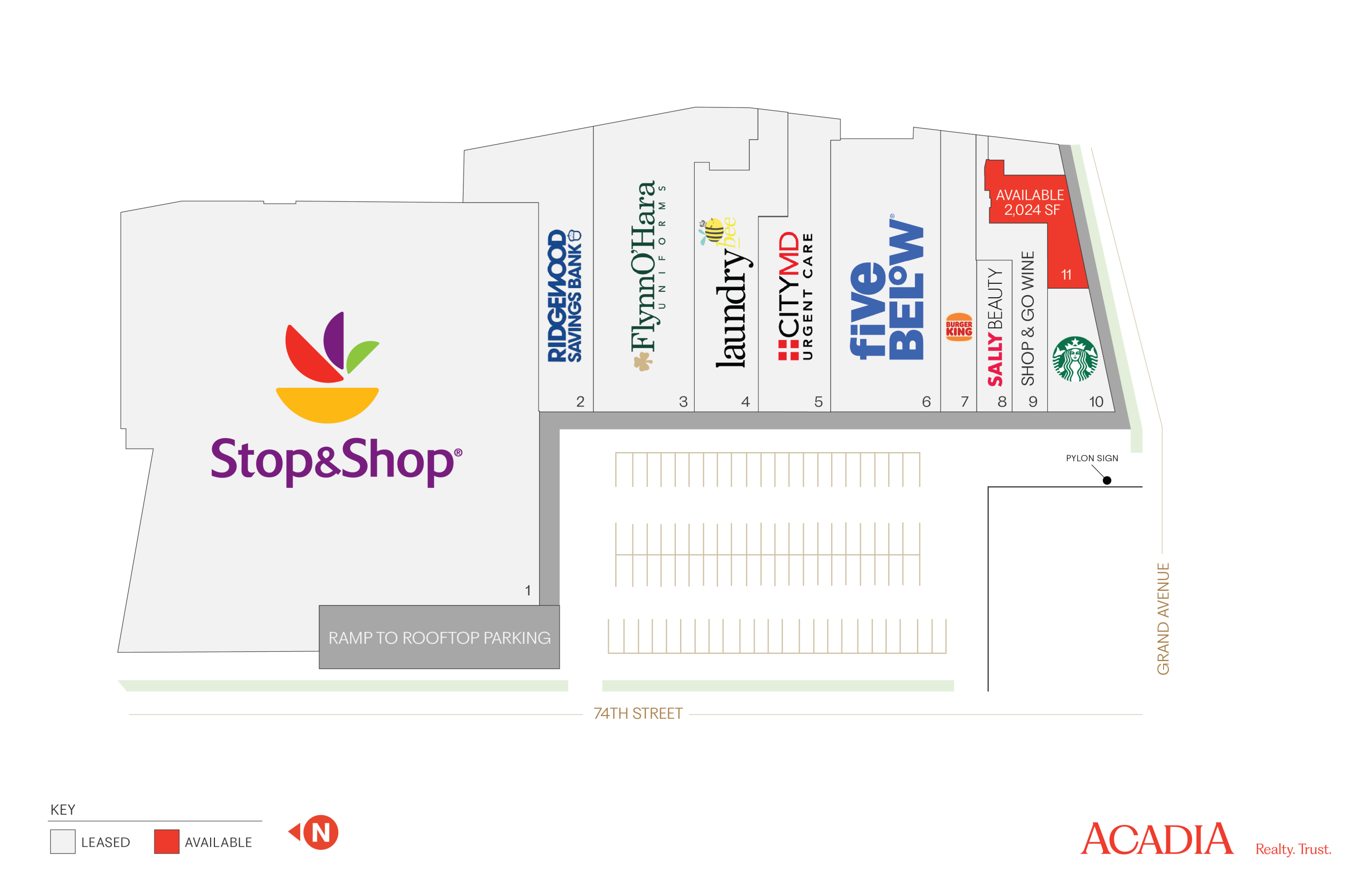 Shopping center map showing Stop & Shop, Five Below, and other stores.