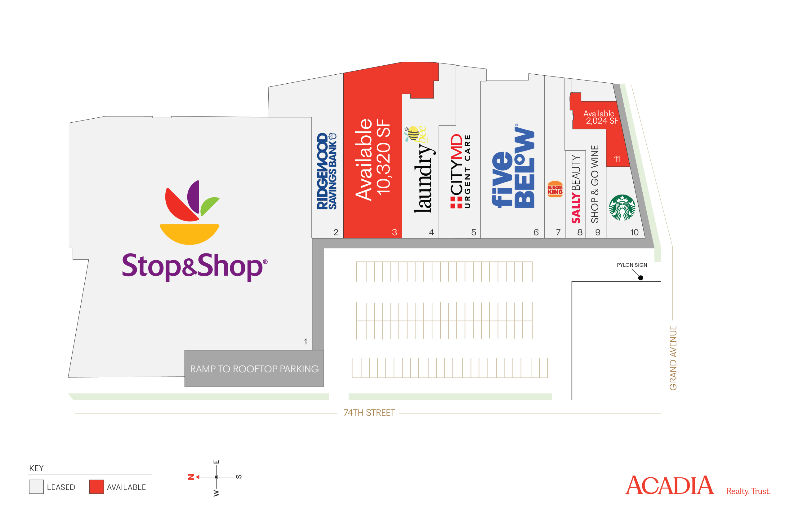 Shopping center map showing Stop & Shop, Five Below, and other stores.
