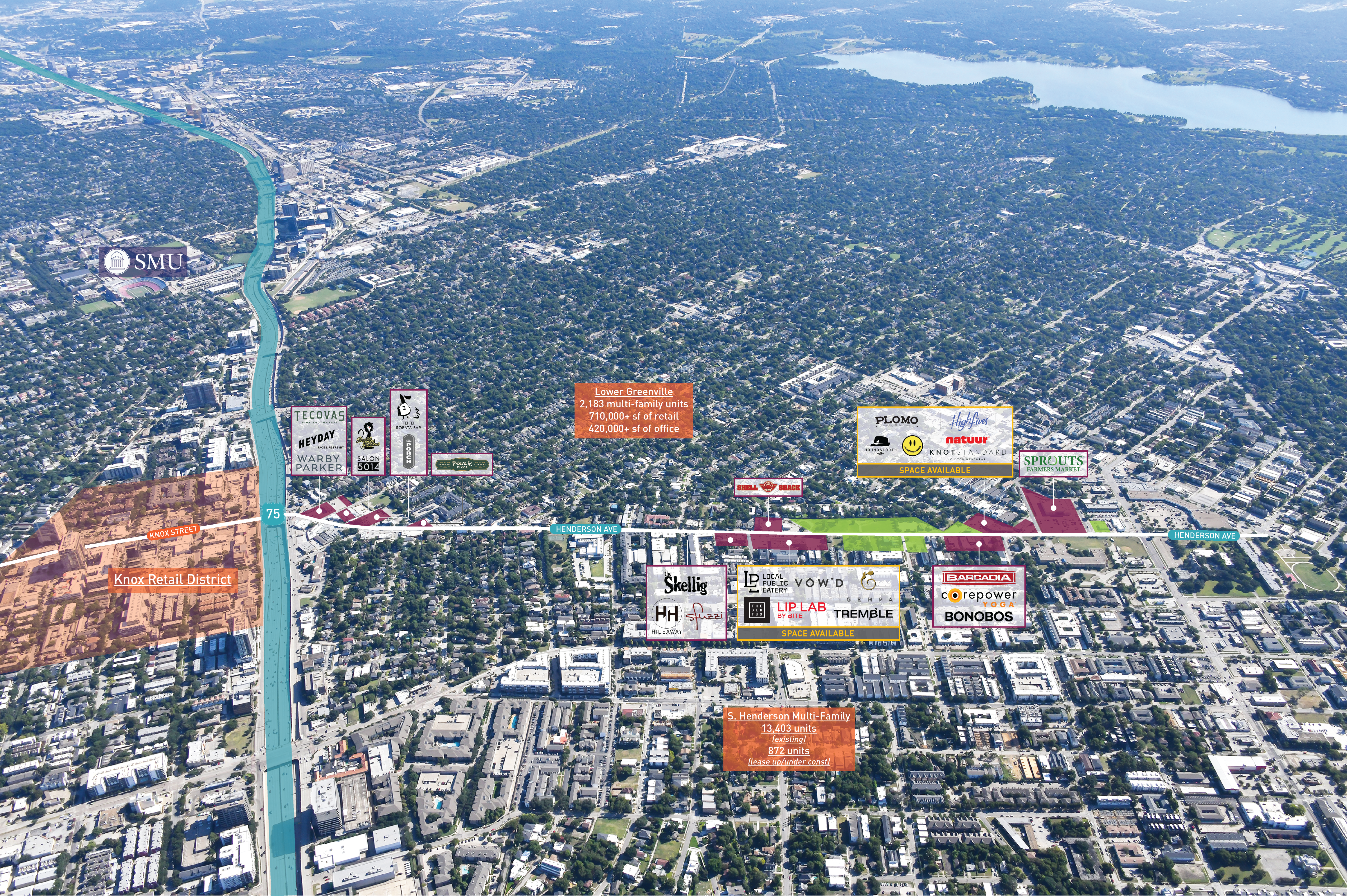 Aerial view of a city with highlighted points of interest.