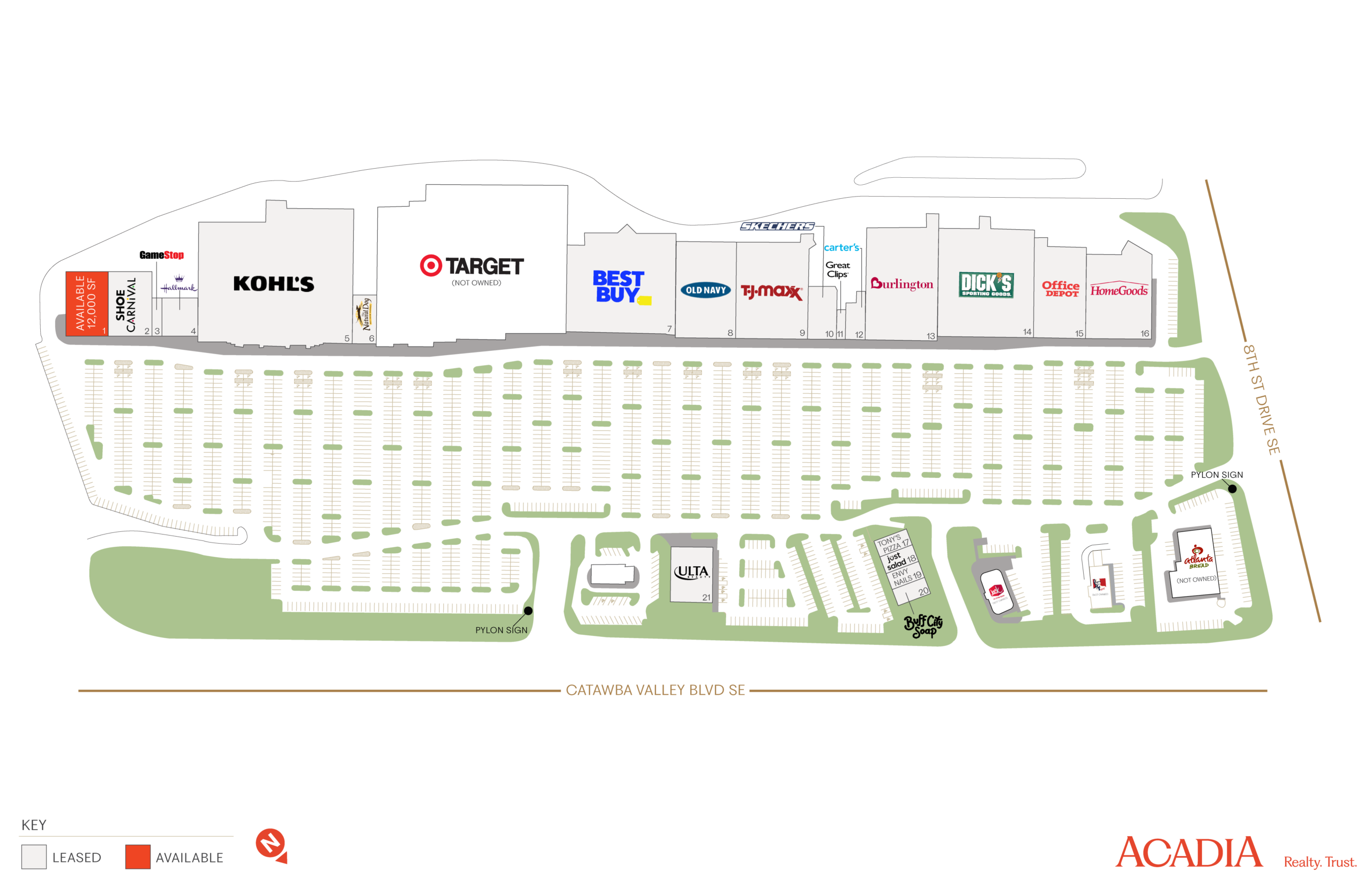 Shopping center map with parking and store locations.