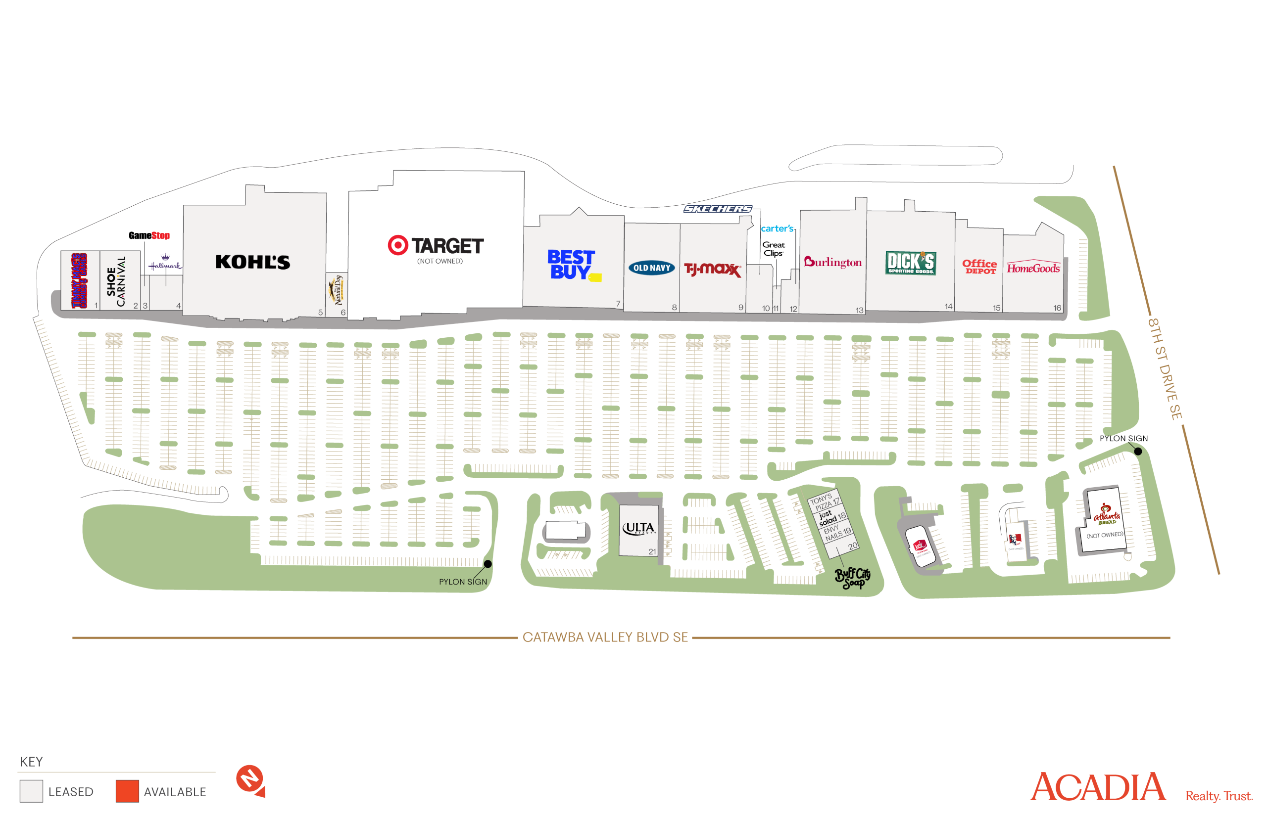 Shopping center map with parking and store locations.