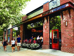 Couple walking past a brick brewery building.
