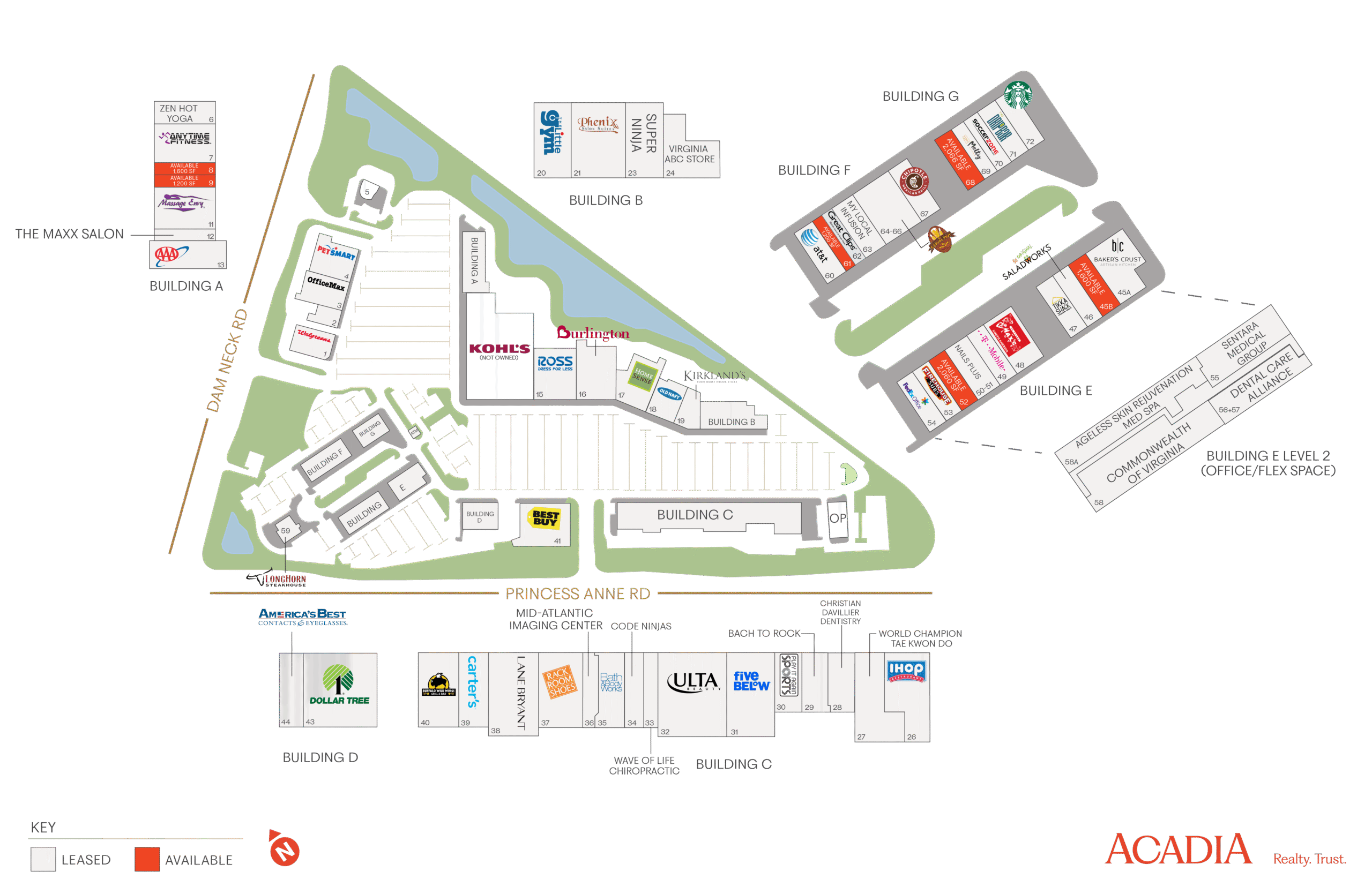 Site map of a shopping center with building layouts and parking.