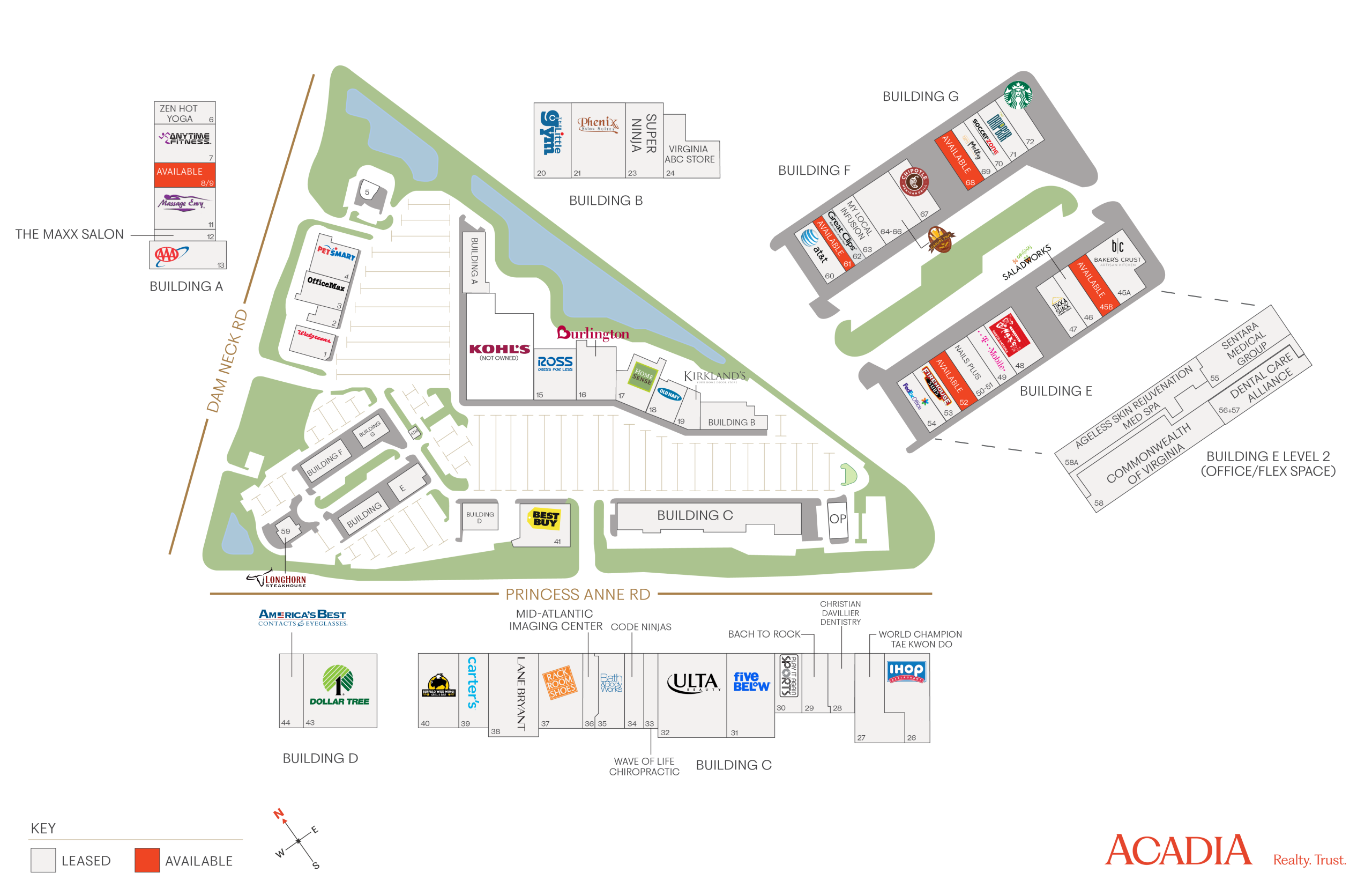 Site map of a shopping center with building layouts and parking.