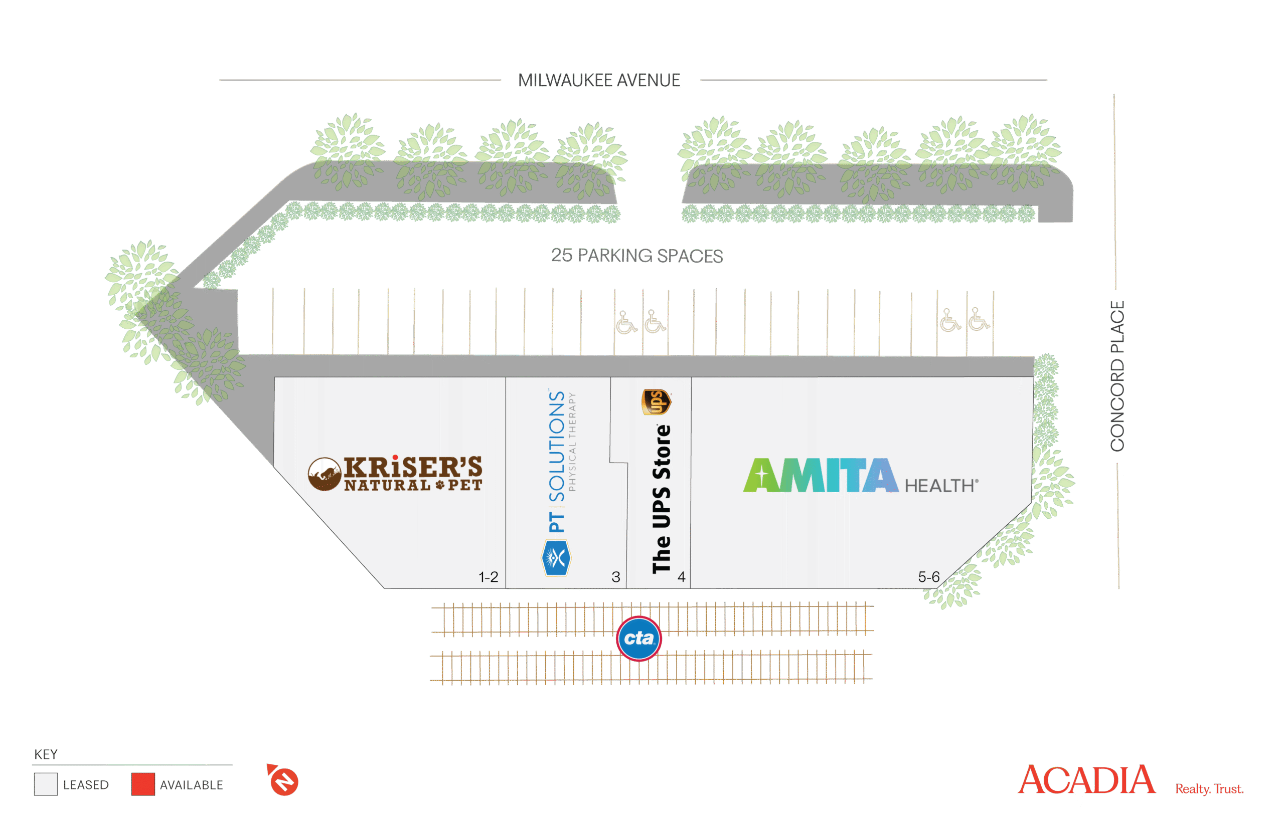 Site map showing the location of three businesses: Kressent, PI Solutions, and AMITA Health.
