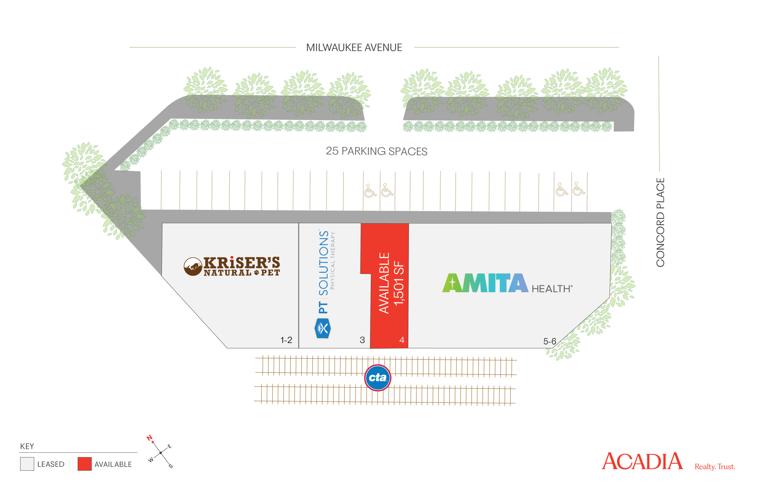 Site map showing the location of three businesses: Kressent, PI Solutions, and AMITA Health.