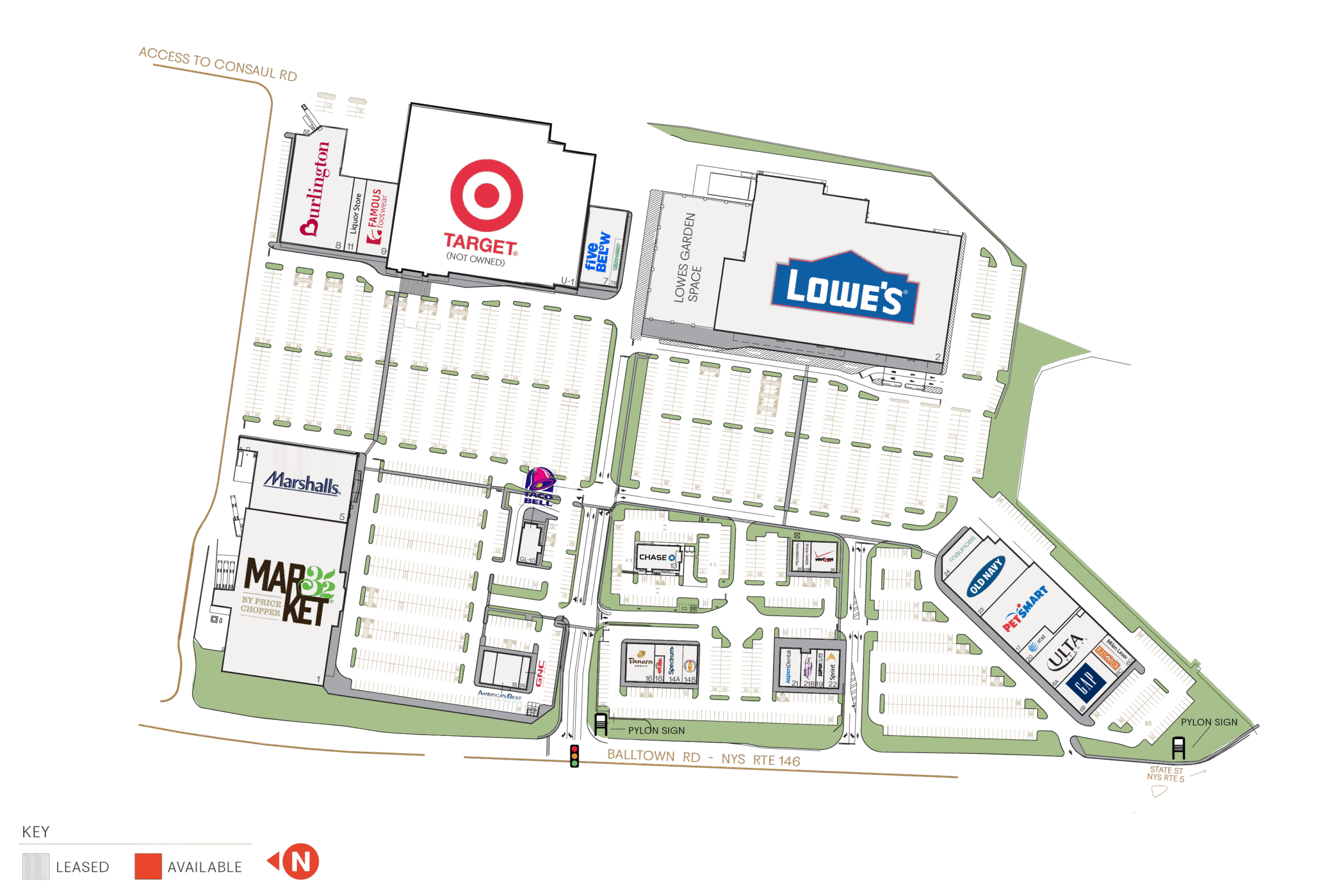 Shopping center site map showing Target, Lowe's, and other stores.
