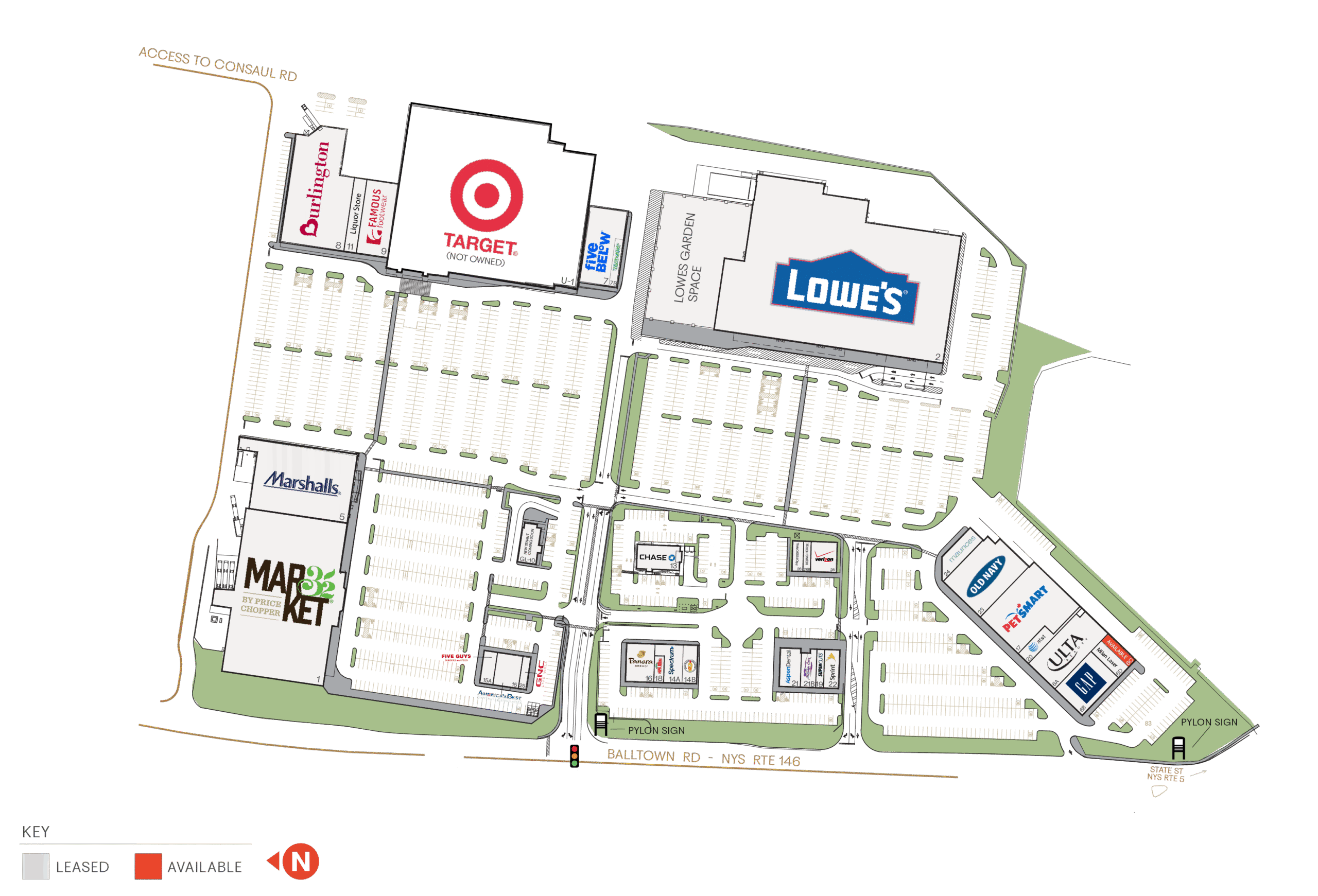 Shopping center site map showing Target, Lowe's, and other stores.