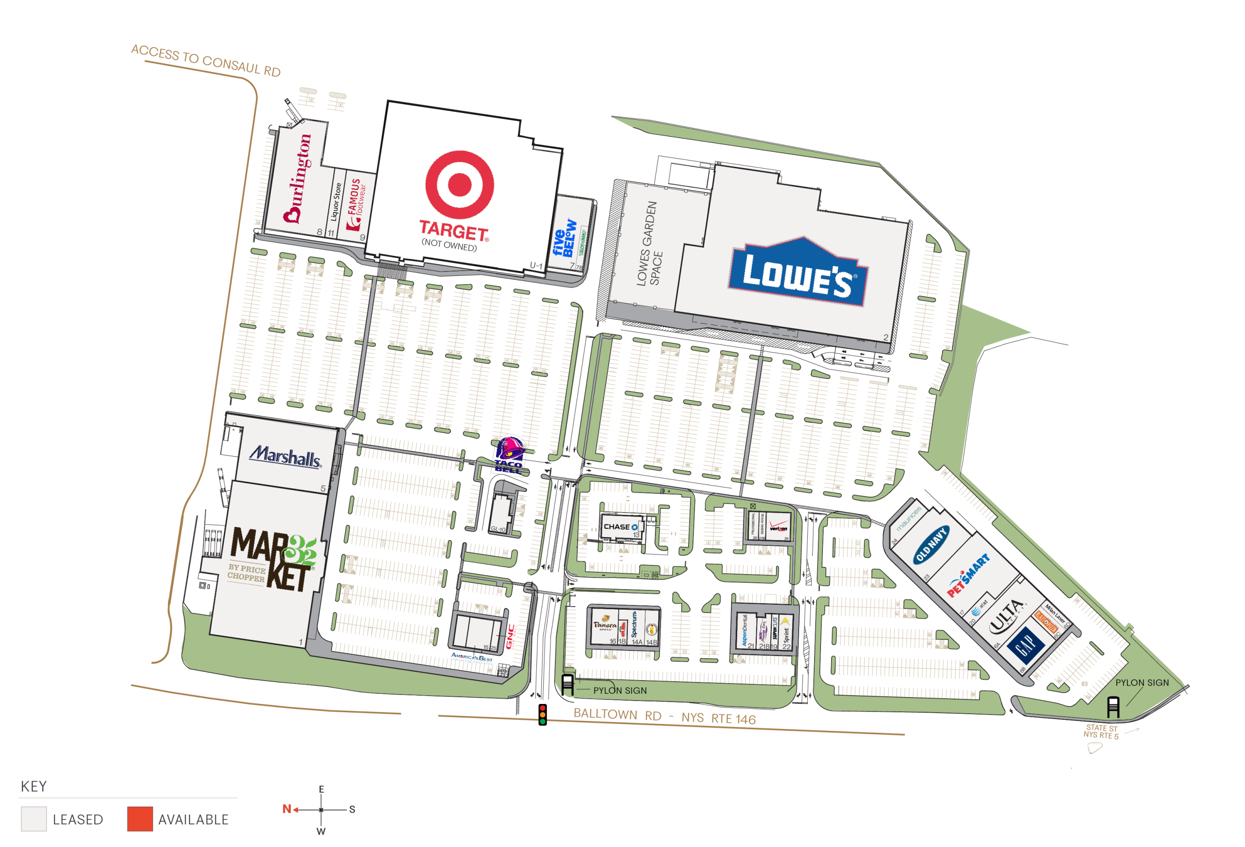 Shopping center site map showing Target, Lowe's, and other stores.