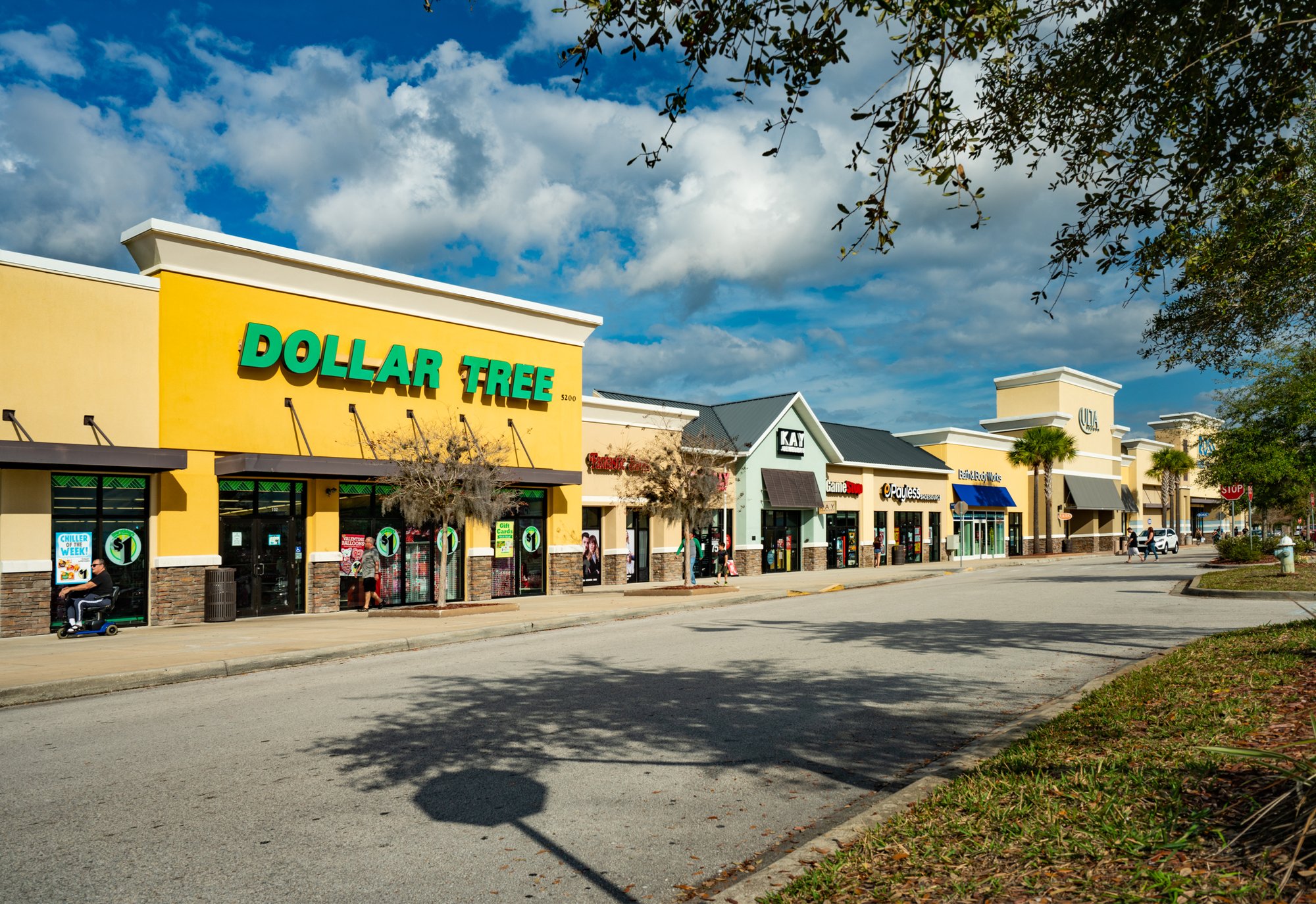 Strip mall with Dollar Tree and other stores.