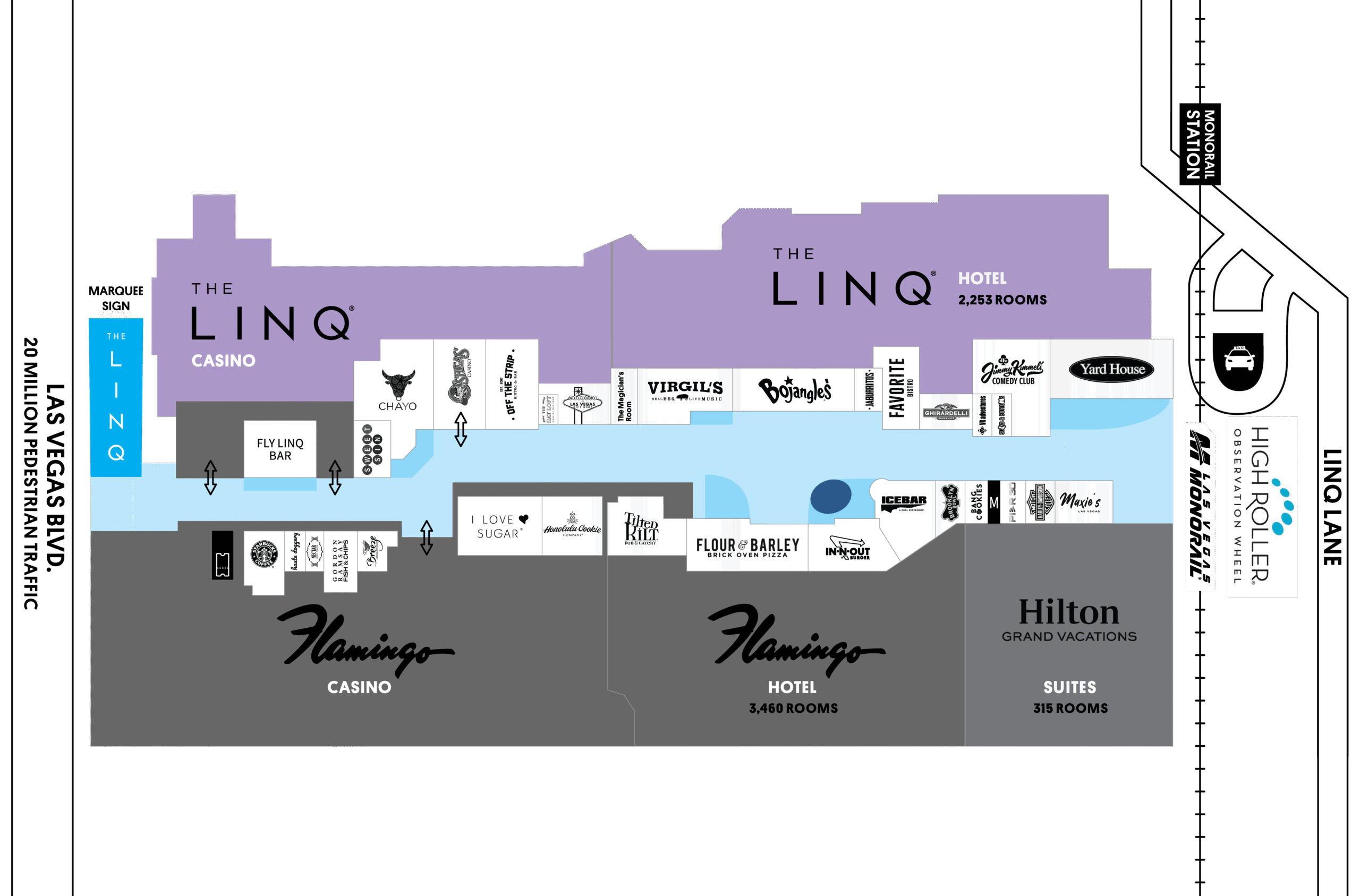 Map of The LINQ Promenade and surrounding Flamingo hotel and casino.