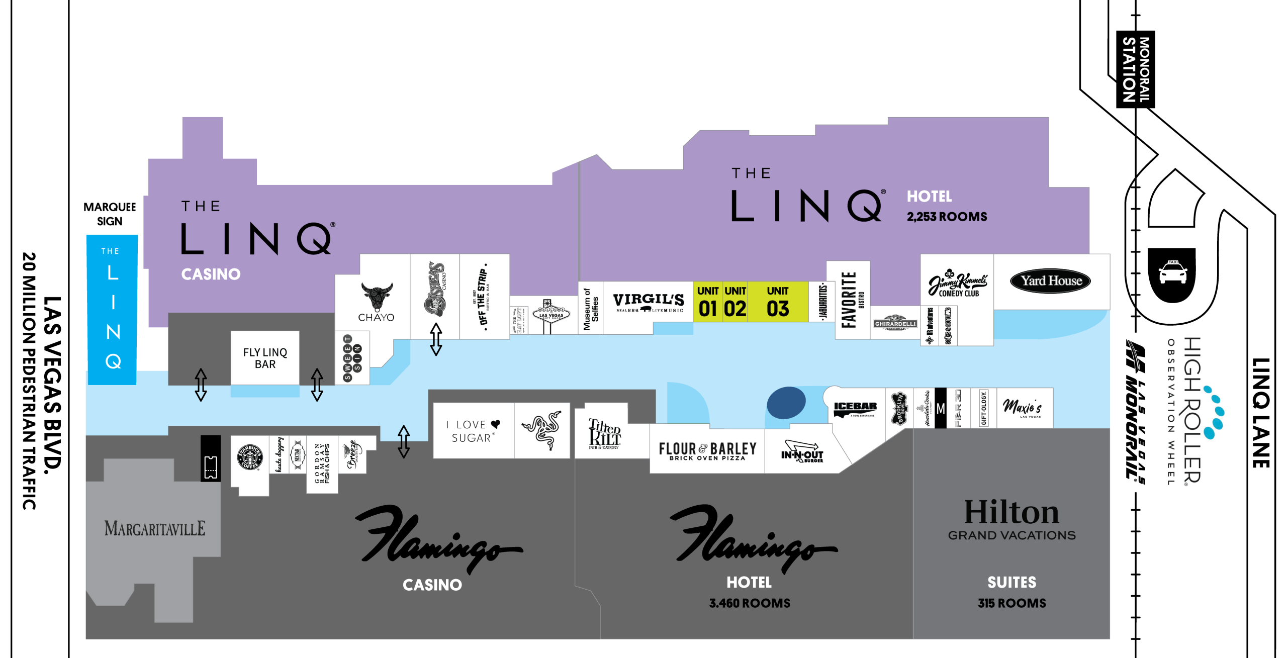Map of The LINQ Promenade and surrounding Flamingo hotel and casino.