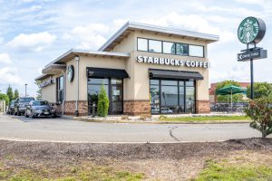Exterior view of a Starbucks coffee shop.