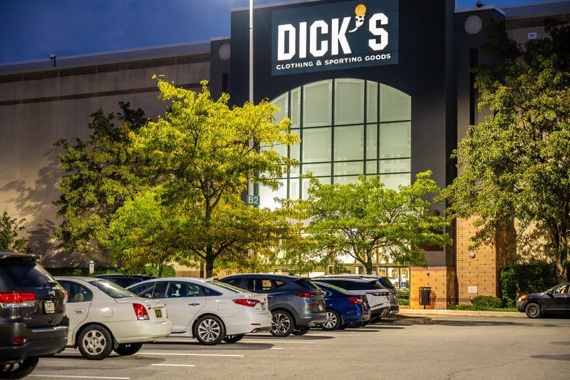 Dick's Sporting Goods store exterior at night