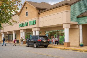 Dollar Tree store exterior with customers and a vehicle.