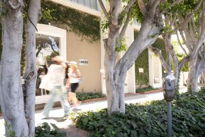 People walking past shops and trees on a sunny street.