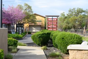 Exterior view of a shopping center with landscaping and signage.