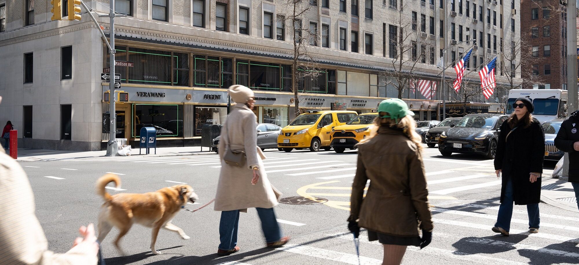 Two women walking a dog across a city street.