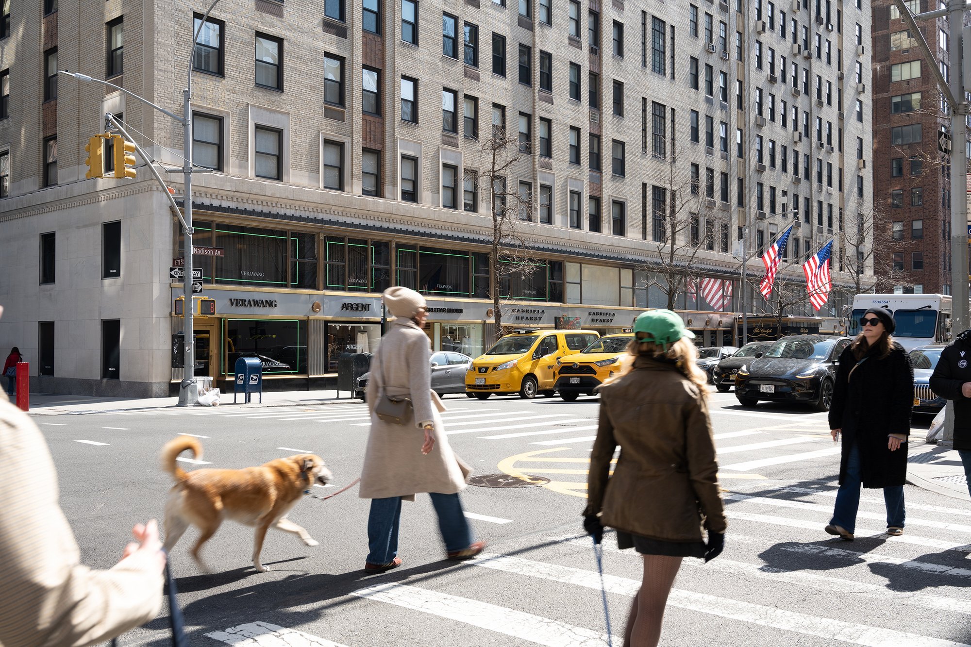 Two women walking a dog across a city street.