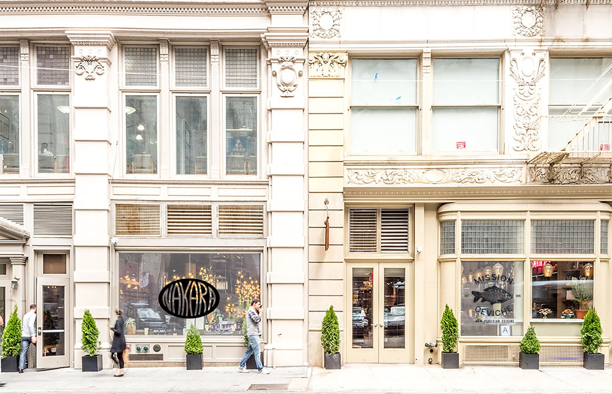 Exterior view of two adjacent shops in a city.