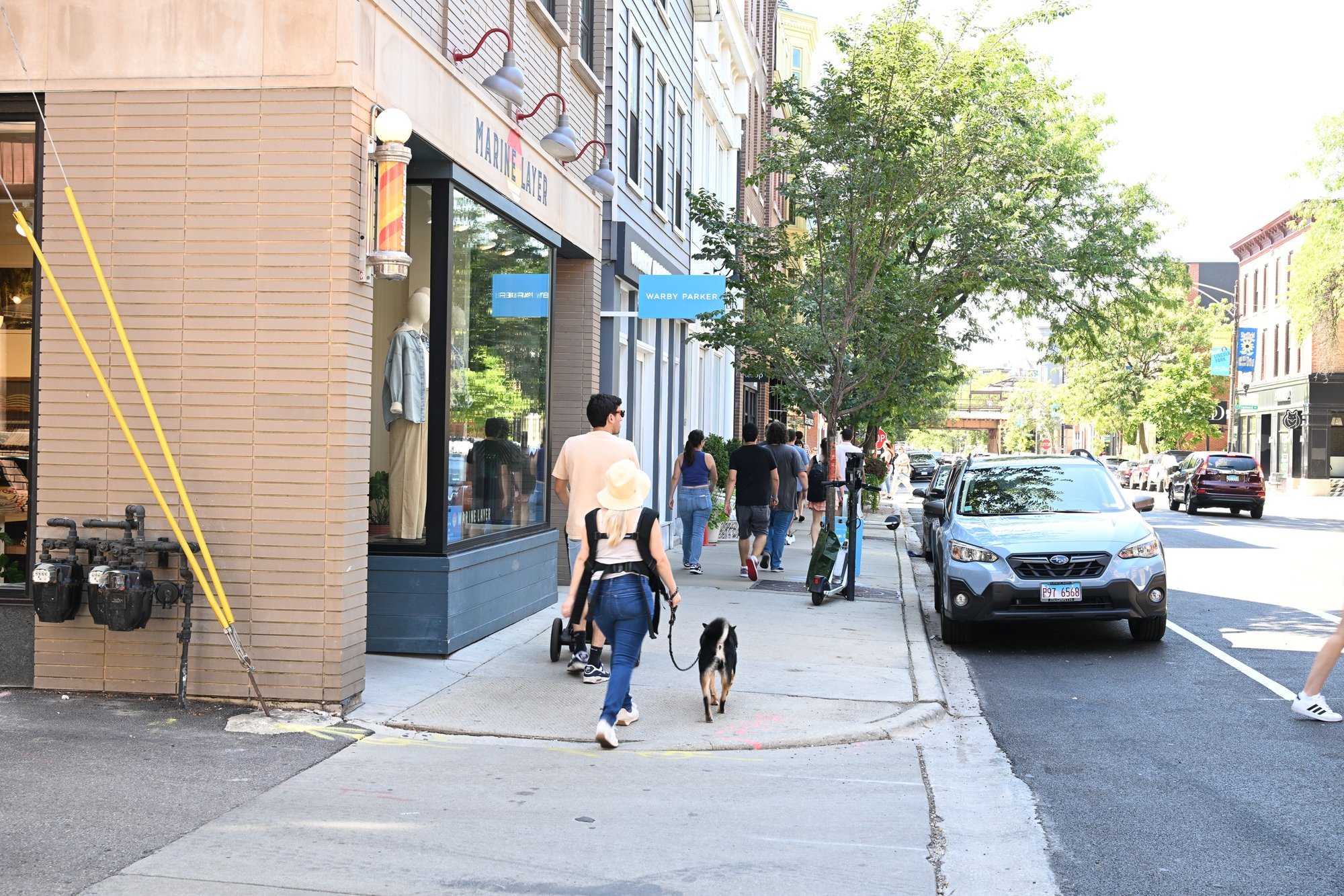 Person walking two dogs on a city sidewalk past shops.