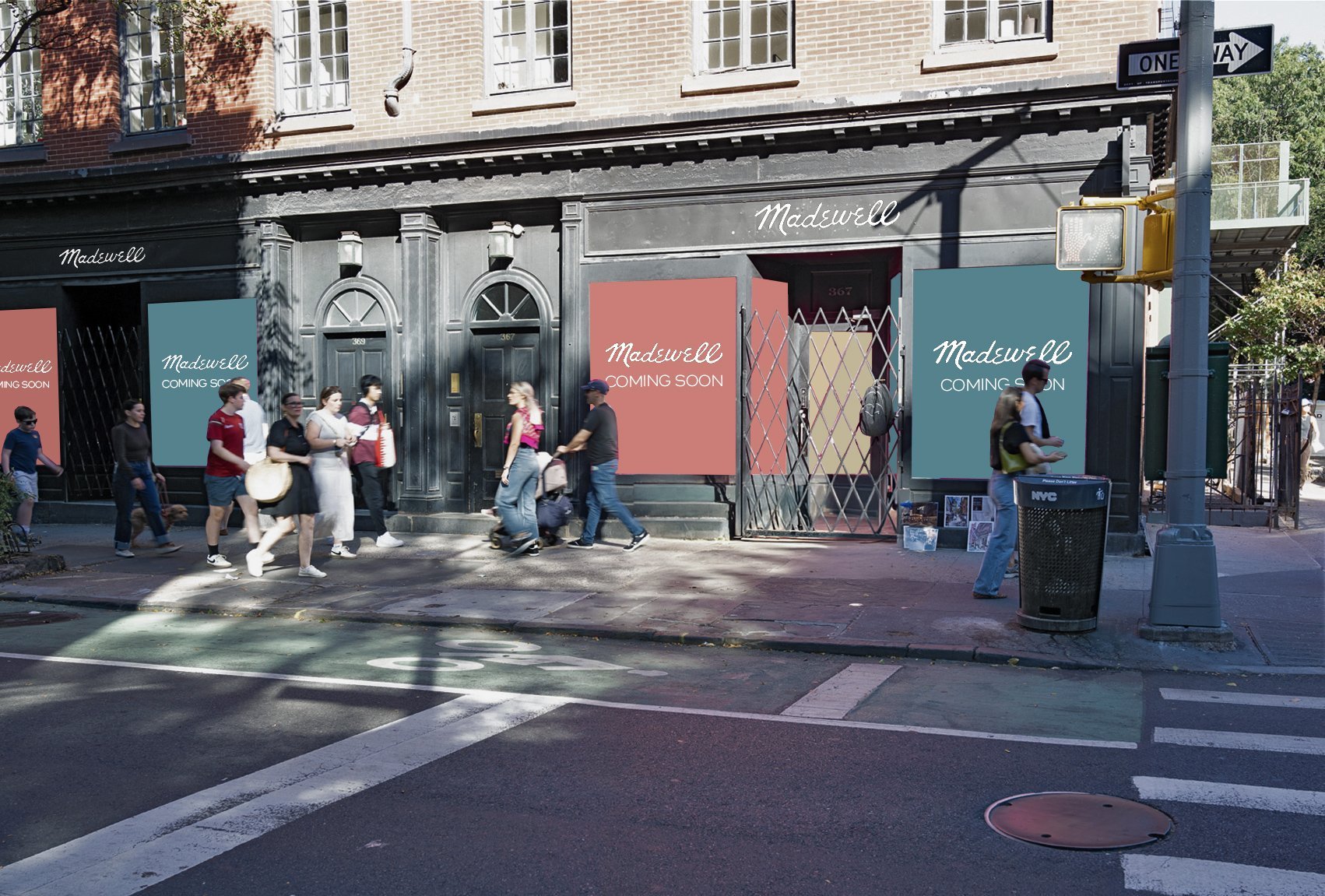 People walking past a building with "Muddy Boots" signage.